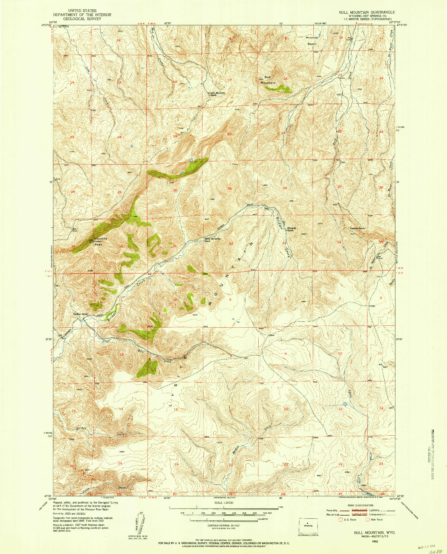 USGS 1:24000-SCALE QUADRANGLE FOR BULL MOUNTAIN, WY 1952