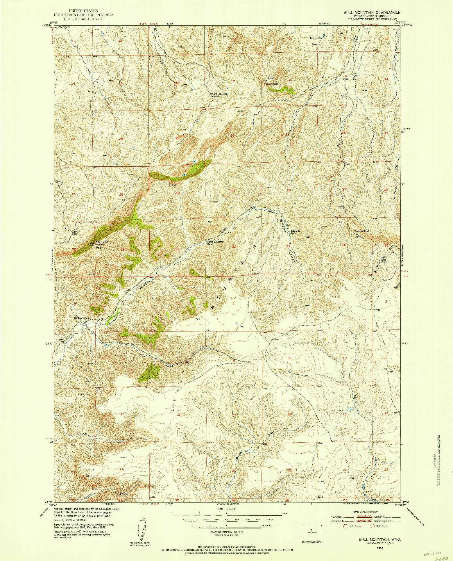 USGS 1:24000-SCALE QUADRANGLE FOR BULL MOUNTAIN, WY 1952