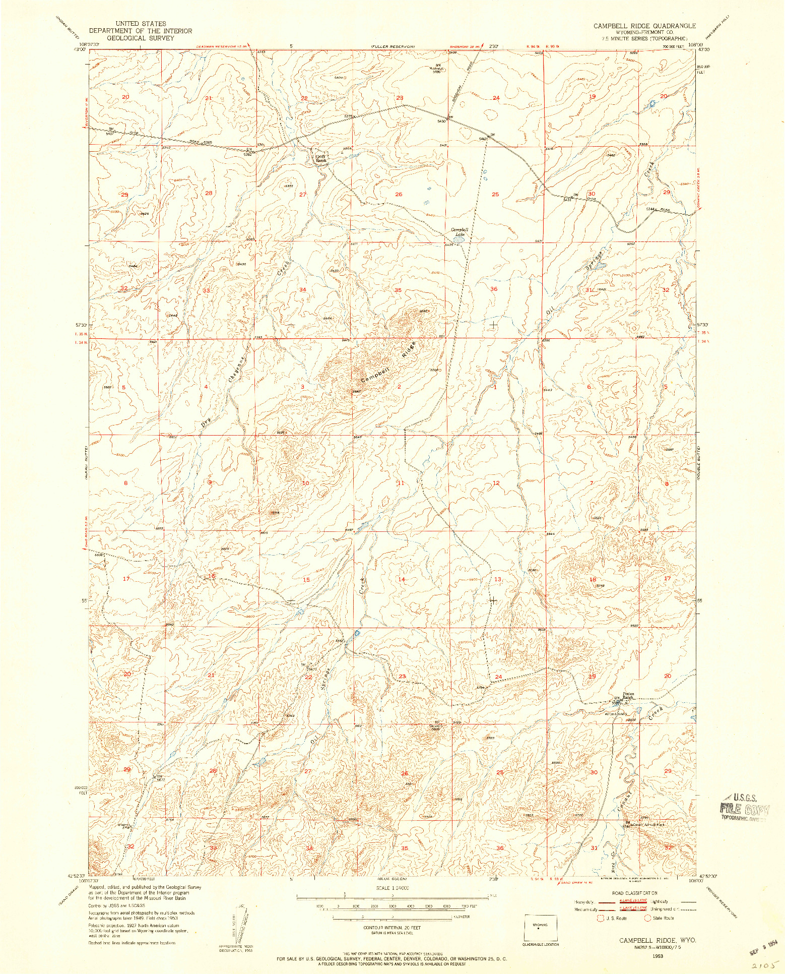 USGS 1:24000-SCALE QUADRANGLE FOR CAMPBELL RIDGE, WY 1953