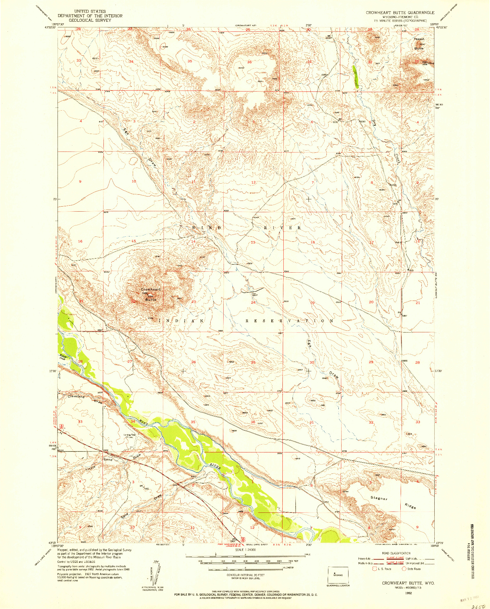 USGS 1:24000-SCALE QUADRANGLE FOR CROWHEART BUTTE, WY 1952