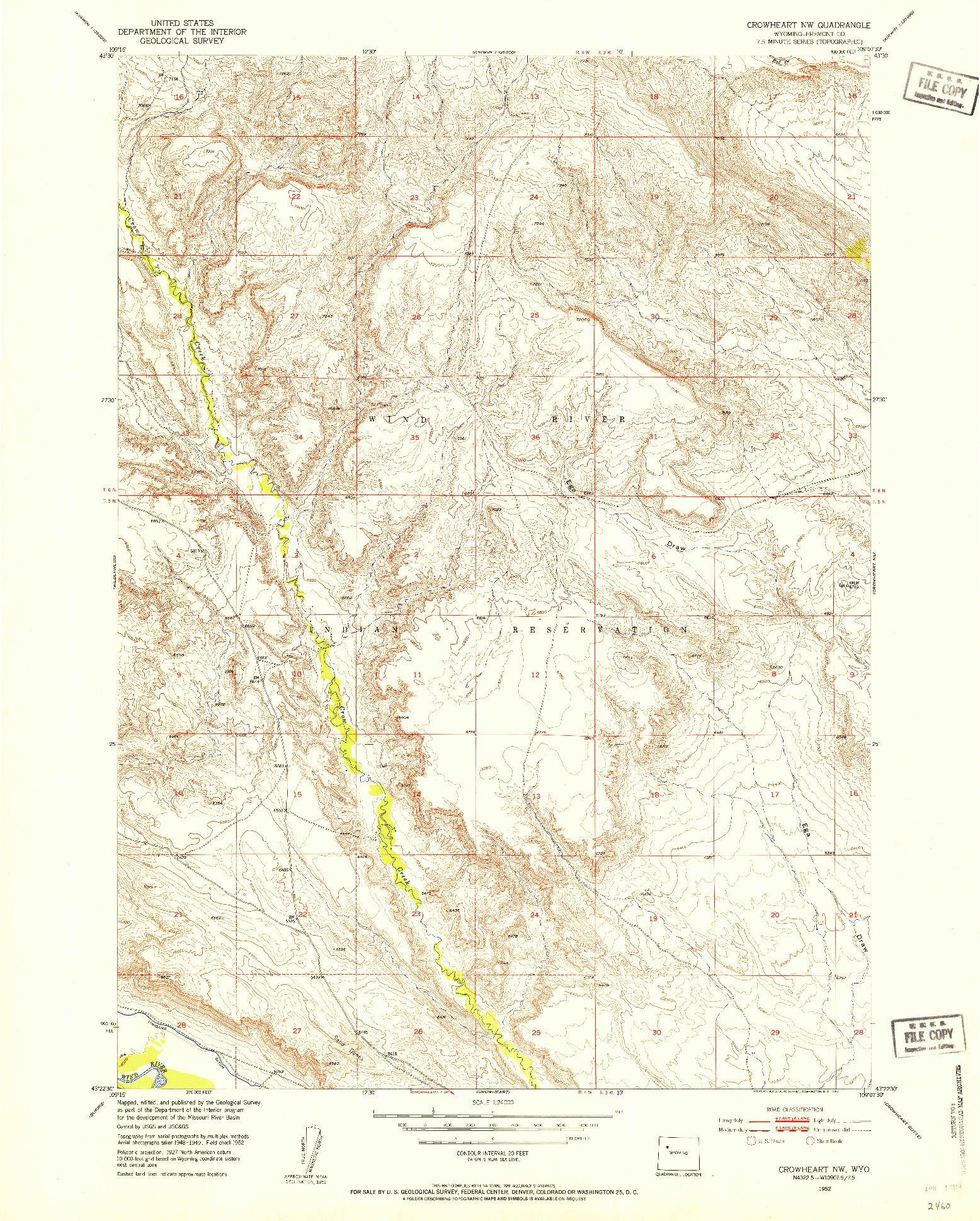 USGS 1:24000-SCALE QUADRANGLE FOR CROWHEART NW, WY 1952