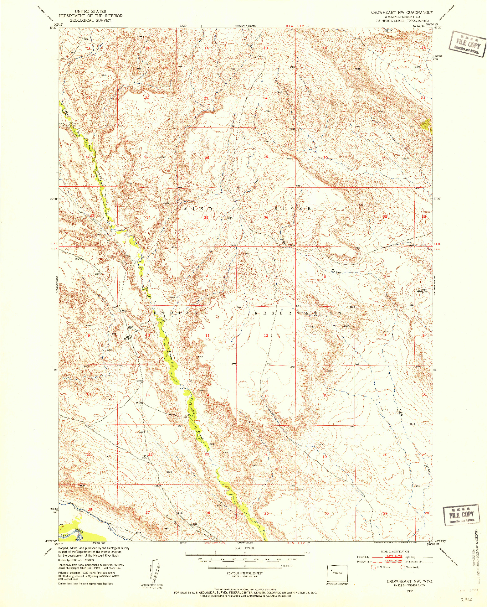 USGS 1:24000-SCALE QUADRANGLE FOR CROWHEART NW, WY 1952