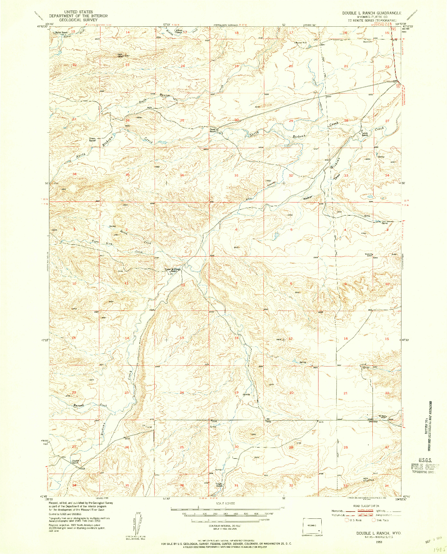 USGS 1:24000-SCALE QUADRANGLE FOR DOUBLE L RANCH, WY 1953