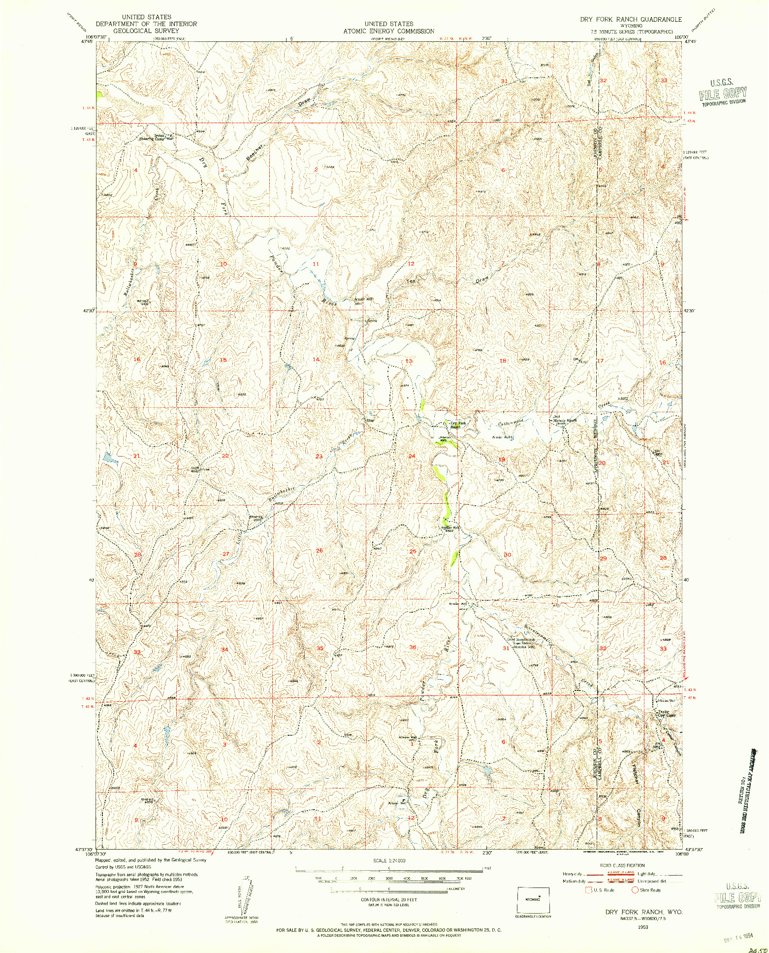 USGS 1:24000-SCALE QUADRANGLE FOR DRY FORK RANCH, WY 1953