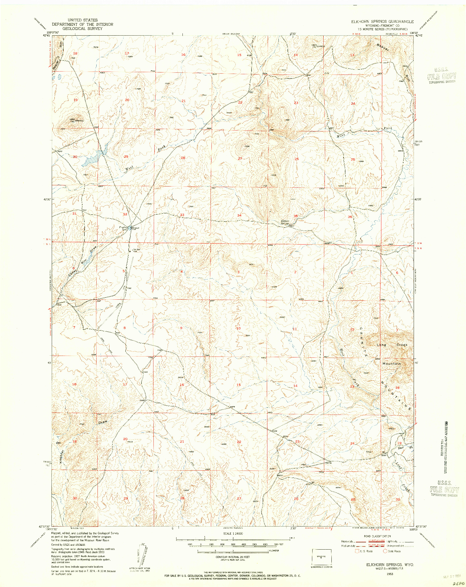 USGS 1:24000-SCALE QUADRANGLE FOR ELKHORN SPRINGS, WY 1953