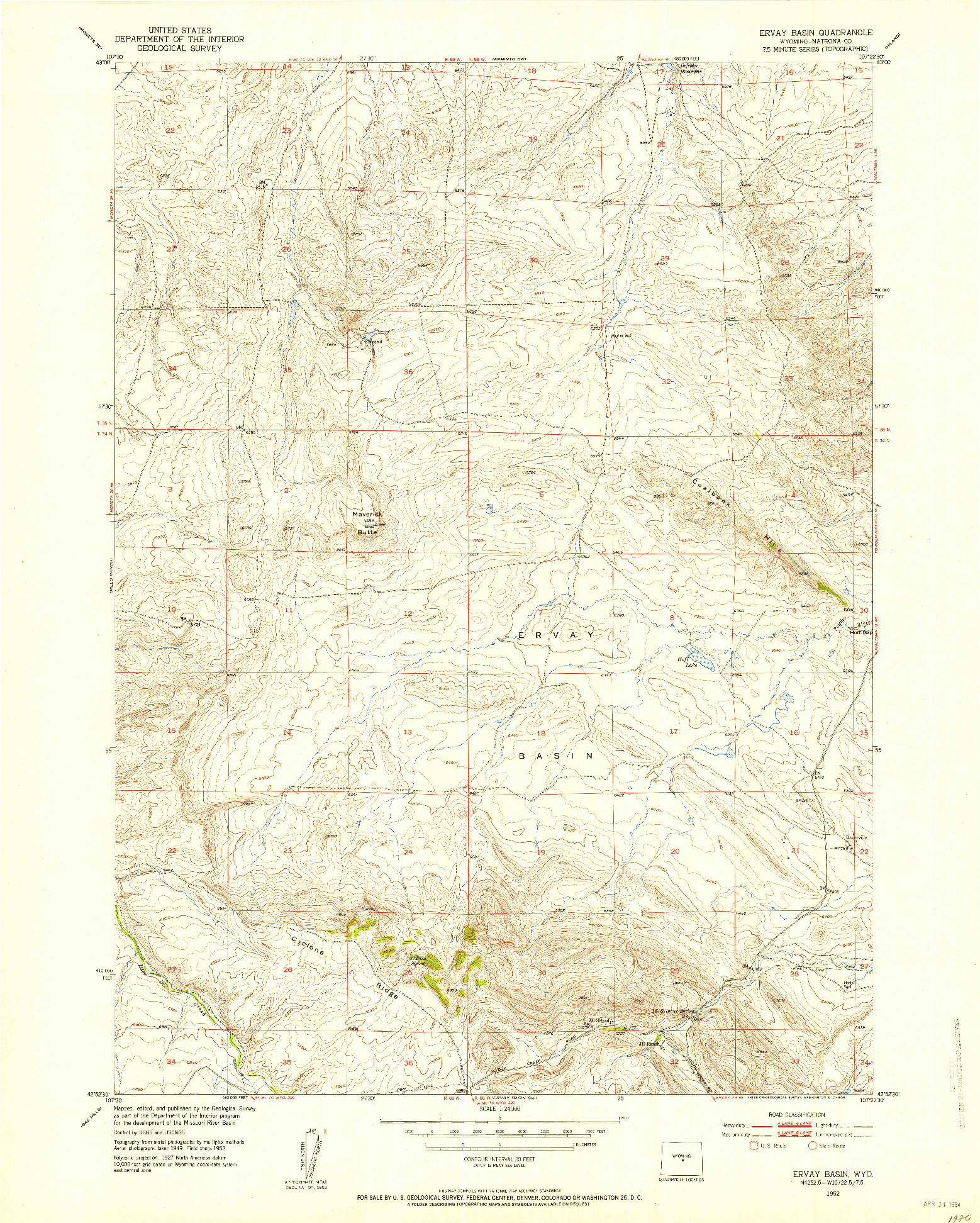 USGS 1:24000-SCALE QUADRANGLE FOR ERVAY BASIN, WY 1952