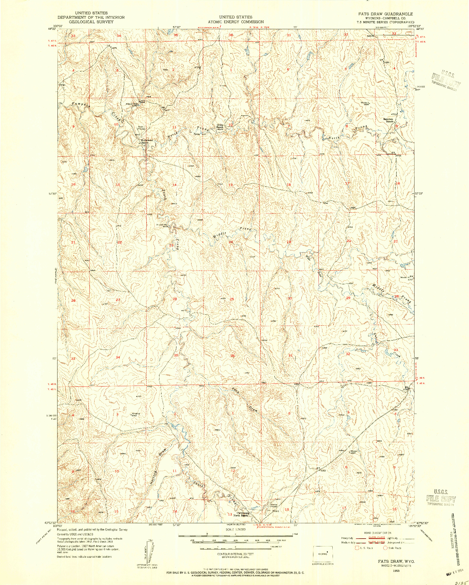 USGS 1:24000-SCALE QUADRANGLE FOR FATS DRAW, WY 1953