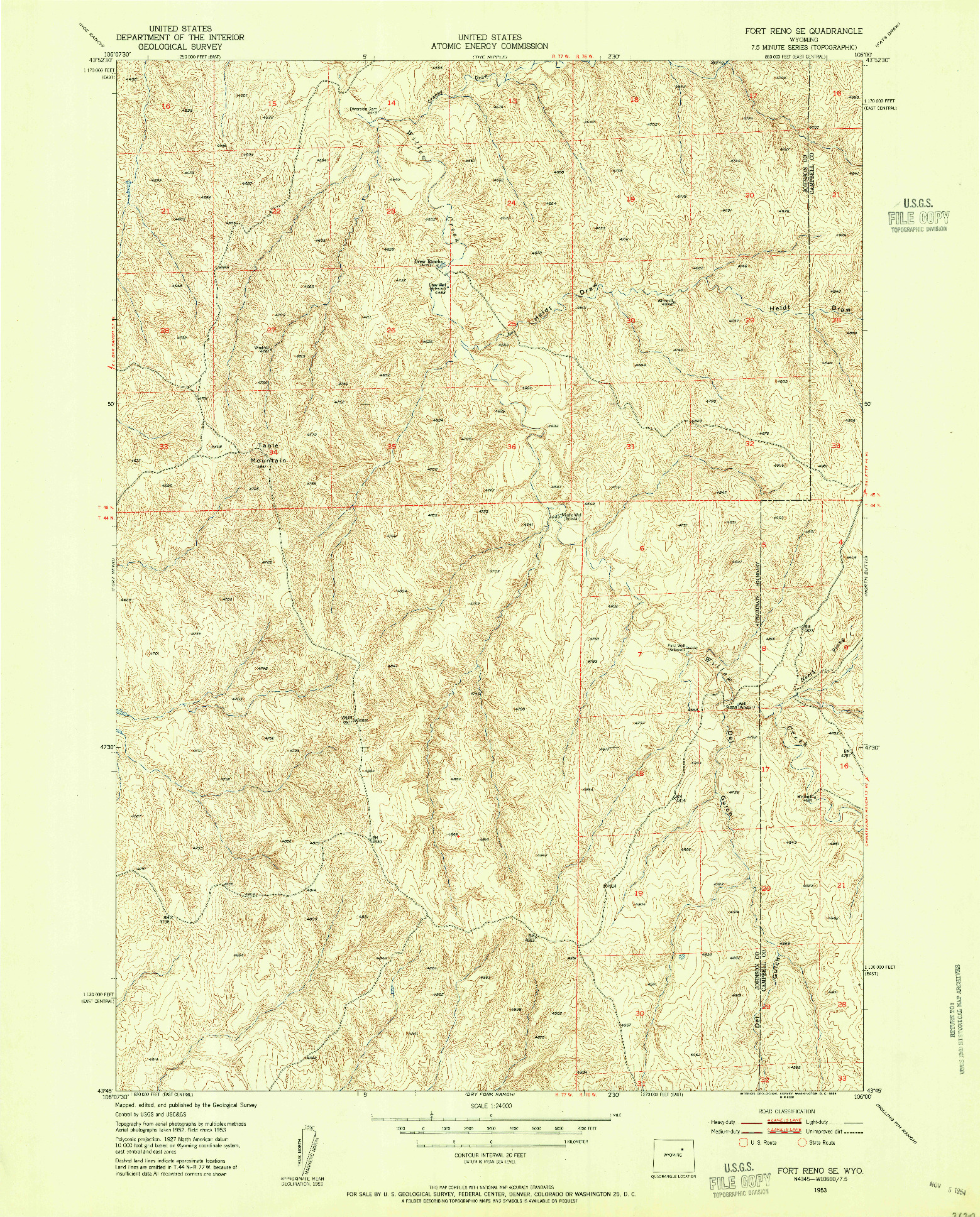 USGS 1:24000-SCALE QUADRANGLE FOR FORT RENO SE, WY 1953