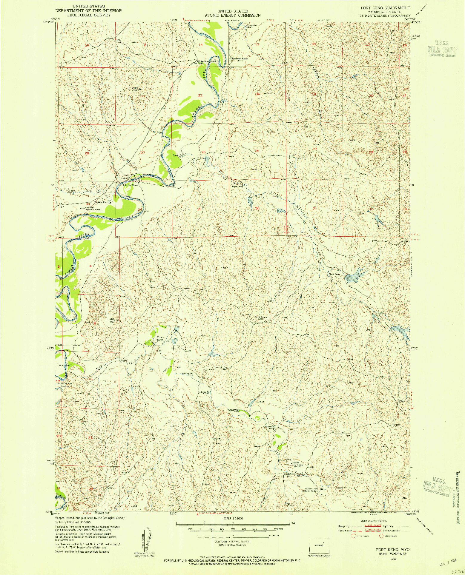 USGS 1:24000-SCALE QUADRANGLE FOR FORT RENO, WY 1953