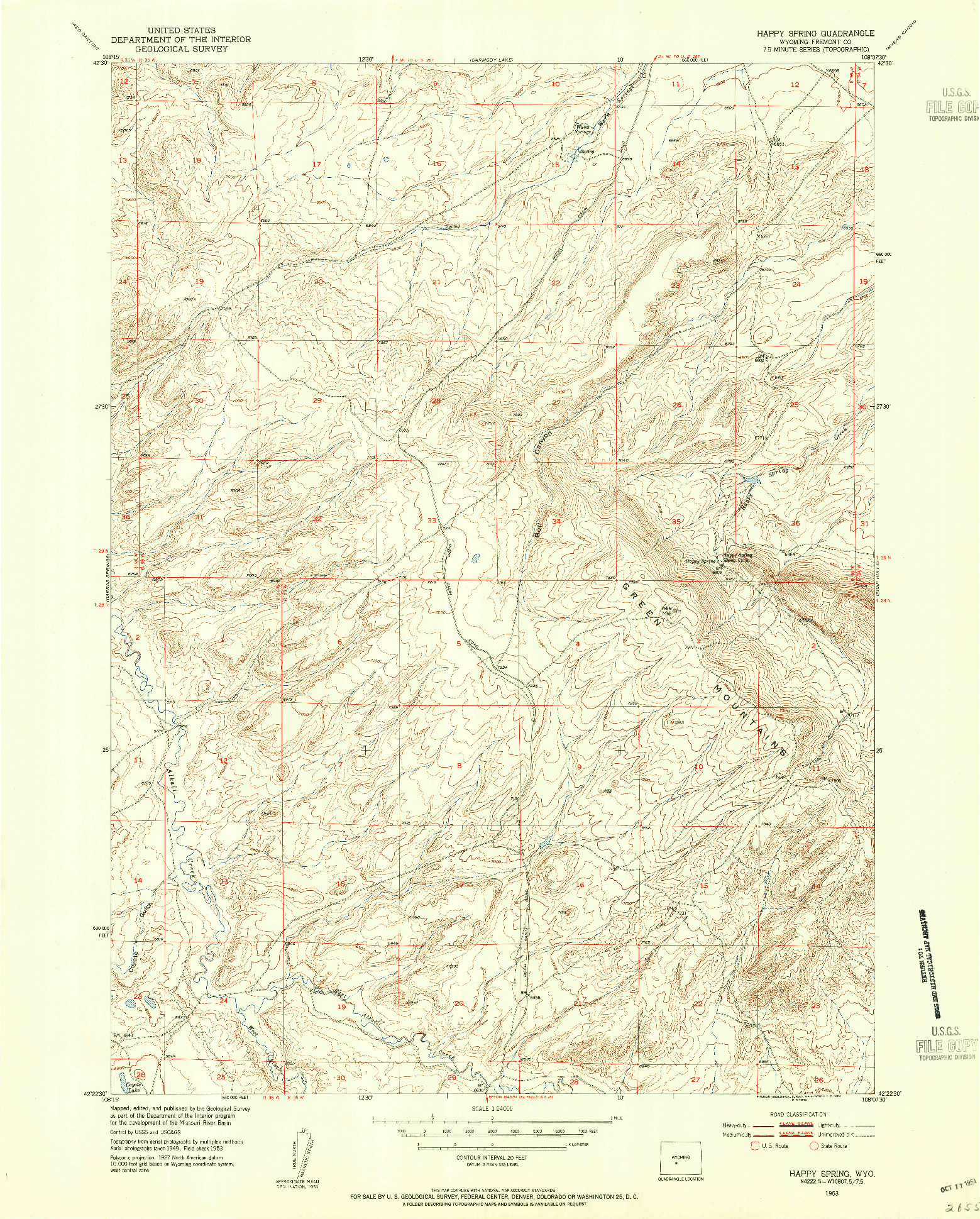 USGS 1:24000-SCALE QUADRANGLE FOR HAPPY SPRING, WY 1953