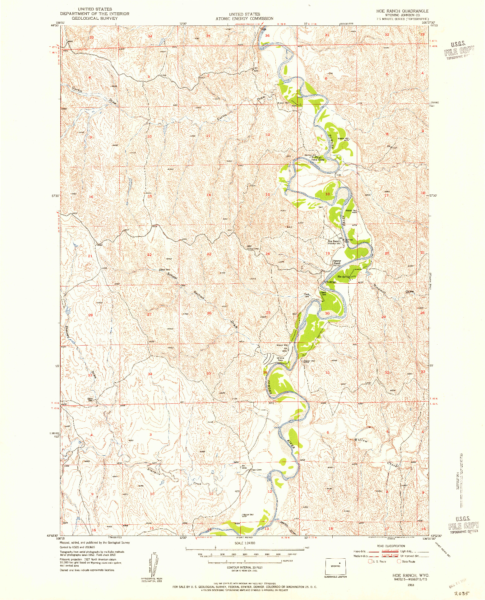 USGS 1:24000-SCALE QUADRANGLE FOR HOE RANCH, WY 1953