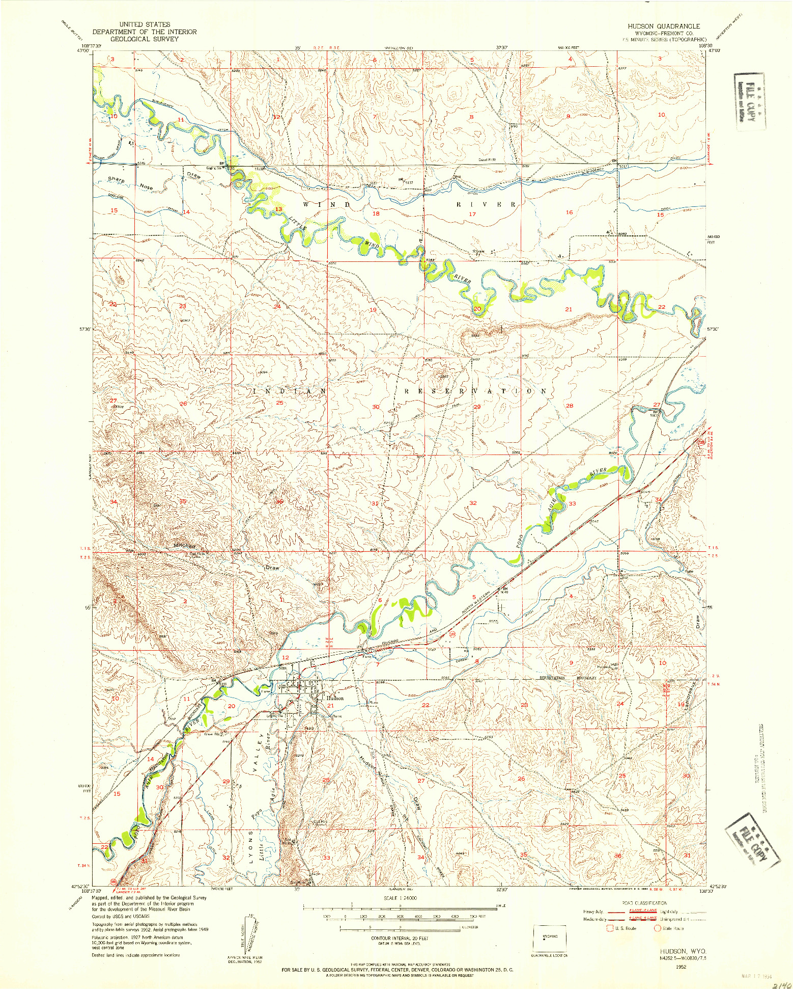 USGS 1:24000-SCALE QUADRANGLE FOR HUDSON, WY 1952