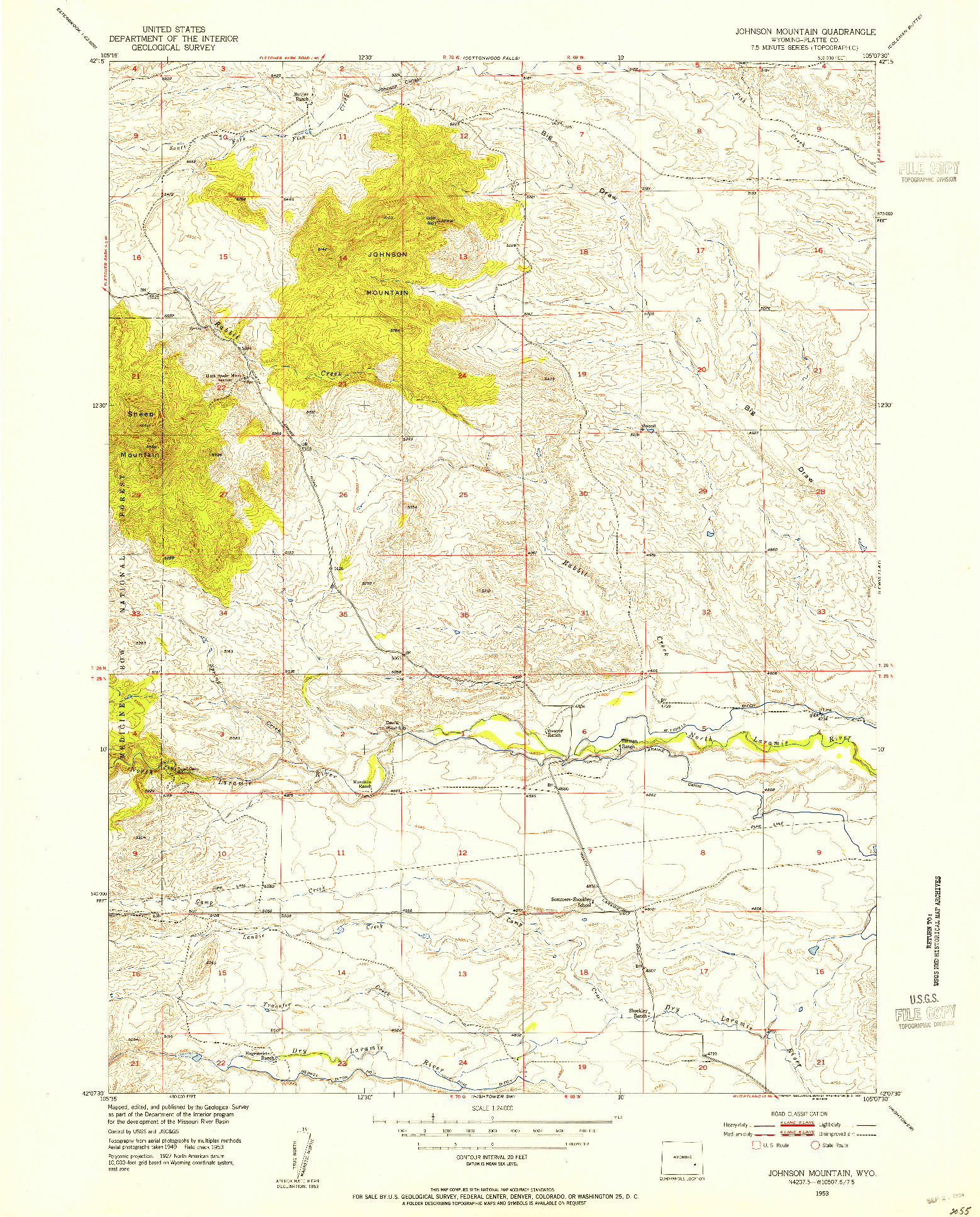 USGS 1:24000-SCALE QUADRANGLE FOR JOHNSON MOUNTAIN, WY 1953