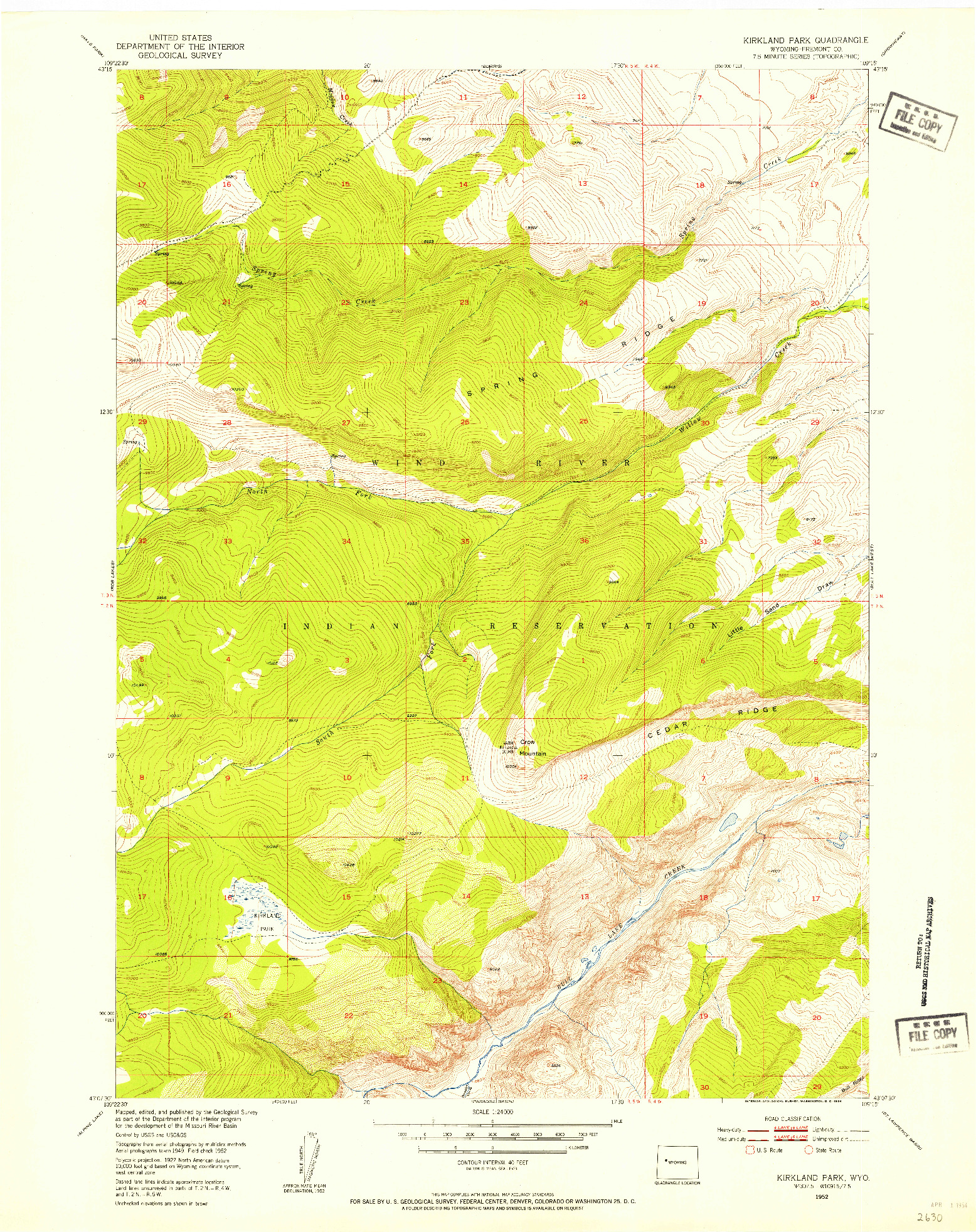 USGS 1:24000-SCALE QUADRANGLE FOR KIRKLAND PARK, WY 1952