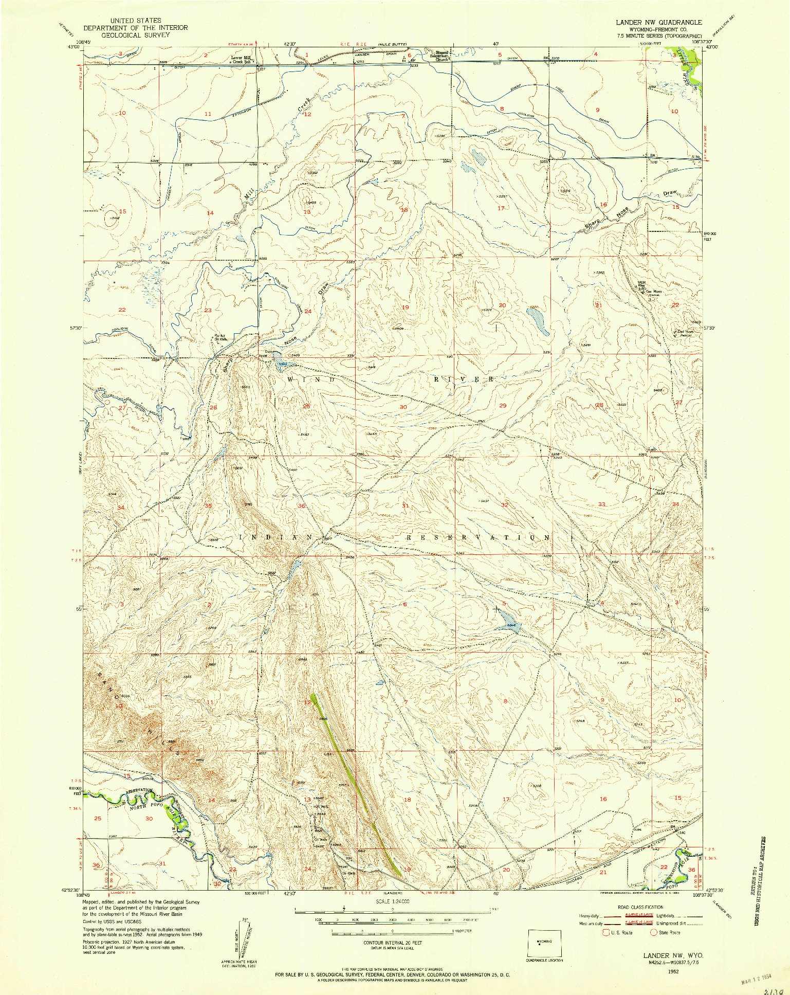 USGS 1:24000-SCALE QUADRANGLE FOR LANDER NW, WY 1952