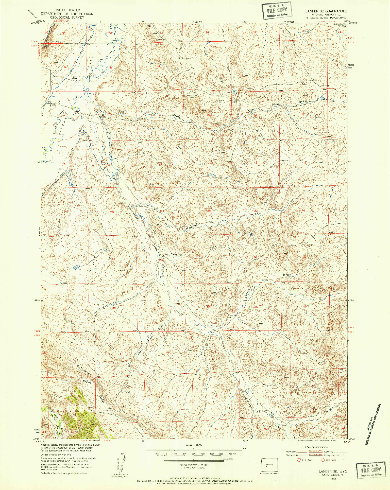 USGS 1:24000-SCALE QUADRANGLE FOR LANDER SE, WY 1952