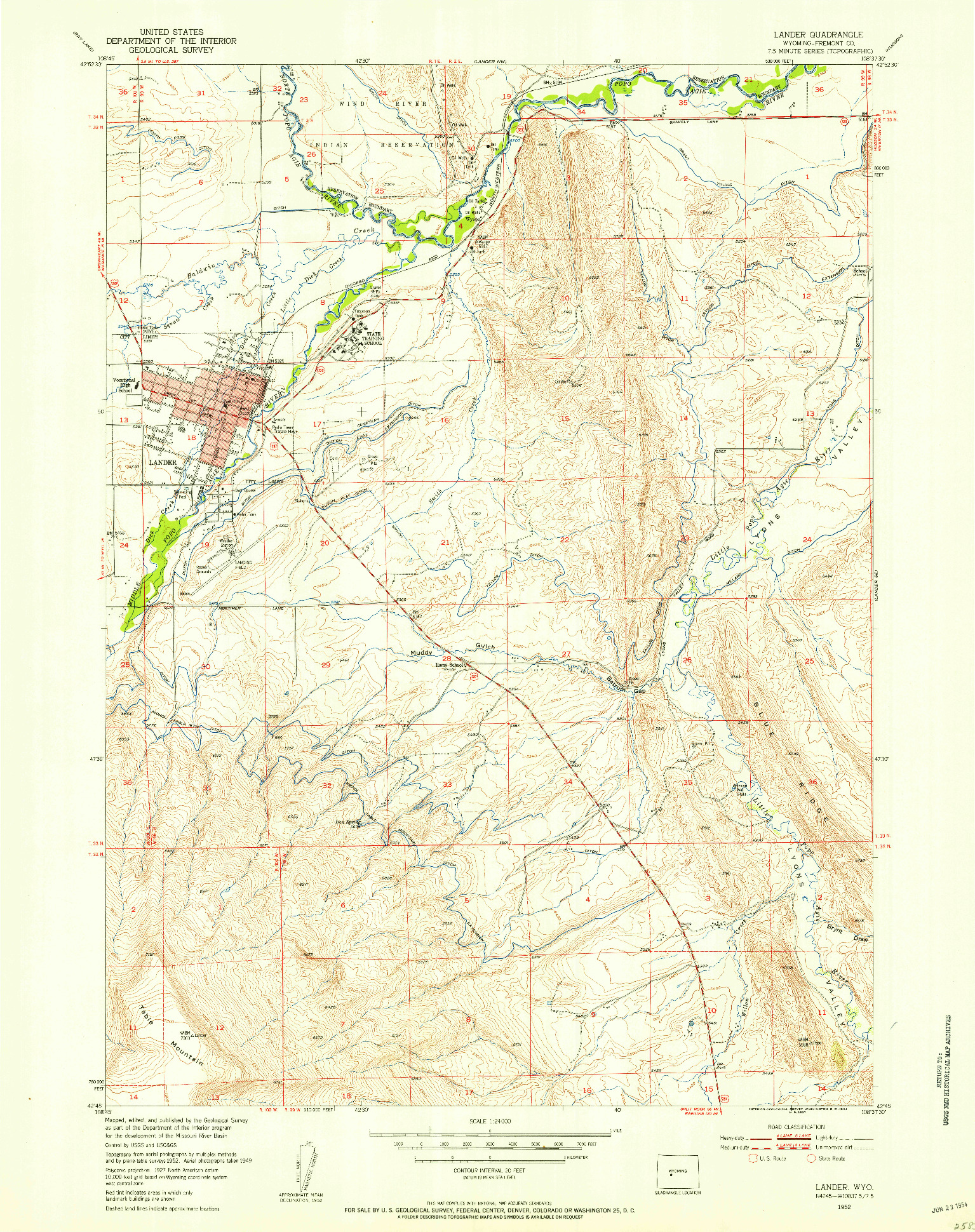 USGS 1:24000-SCALE QUADRANGLE FOR LANDER, WY 1952