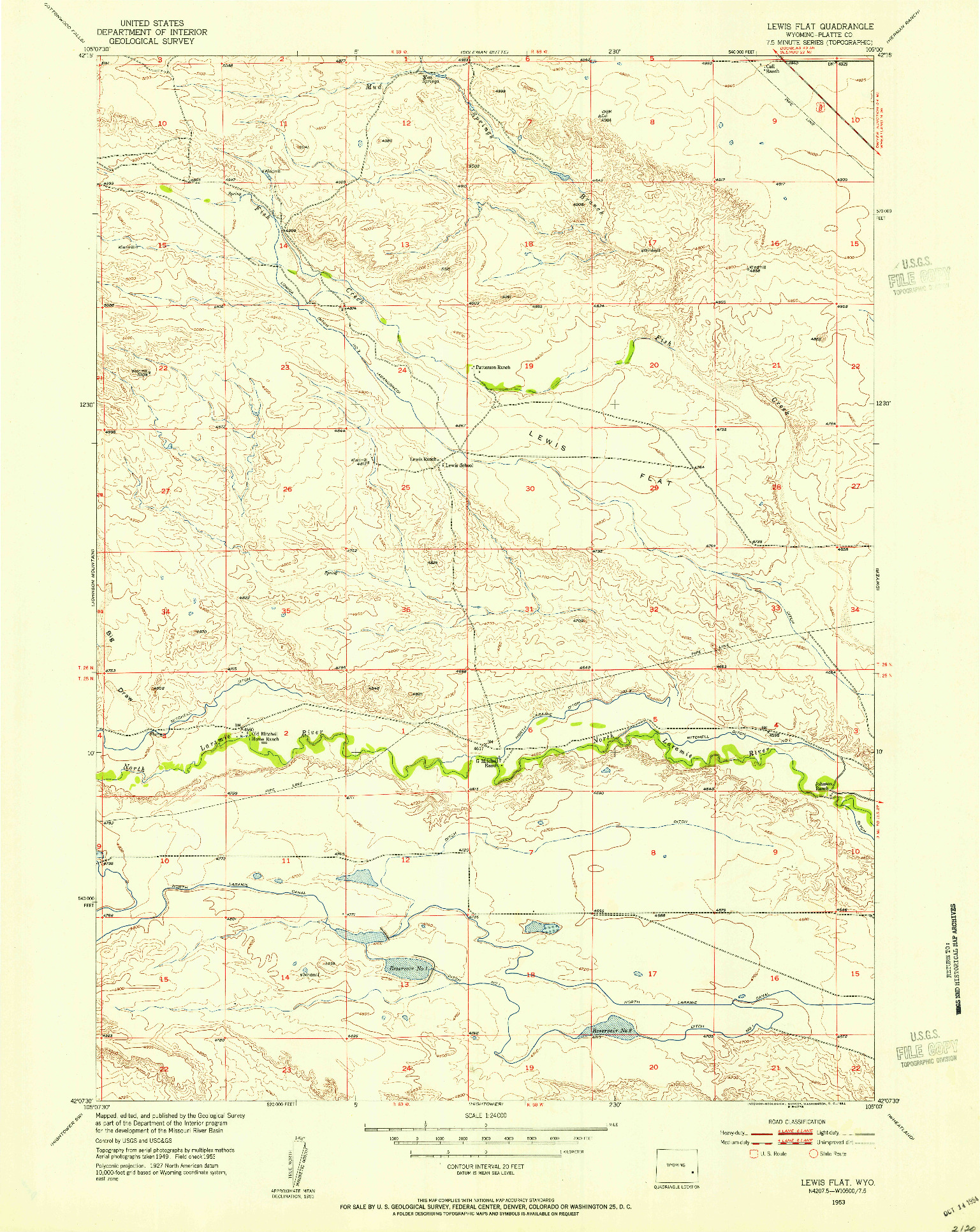 USGS 1:24000-SCALE QUADRANGLE FOR LEWIS FLAT, WY 1953