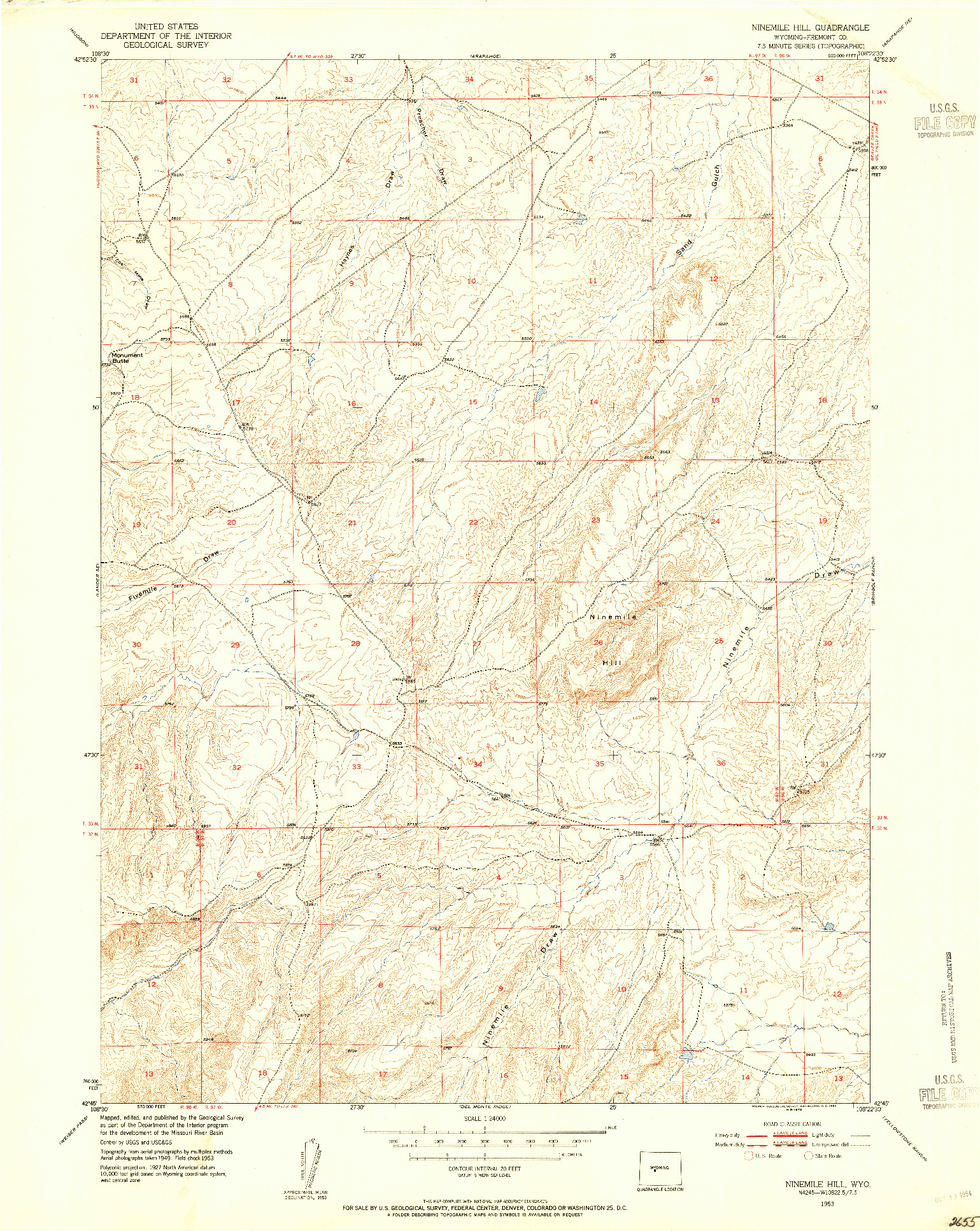 USGS 1:24000-SCALE QUADRANGLE FOR NINEMILE HILL, WY 1953