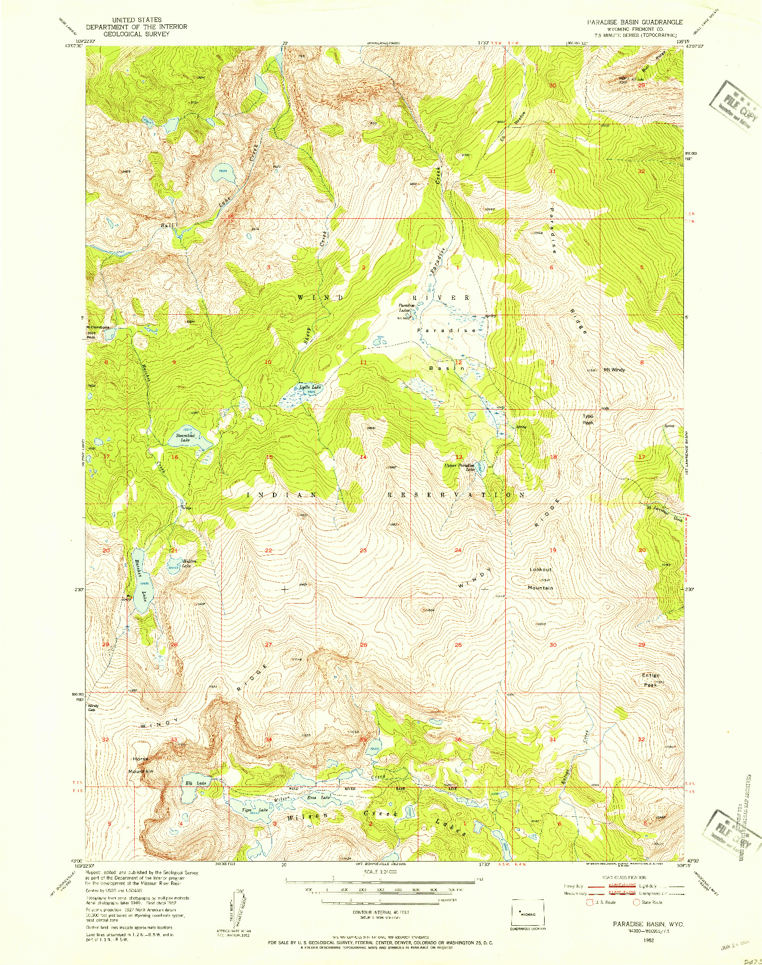 USGS 1:24000-SCALE QUADRANGLE FOR PARADISE BASIN, WY 1952