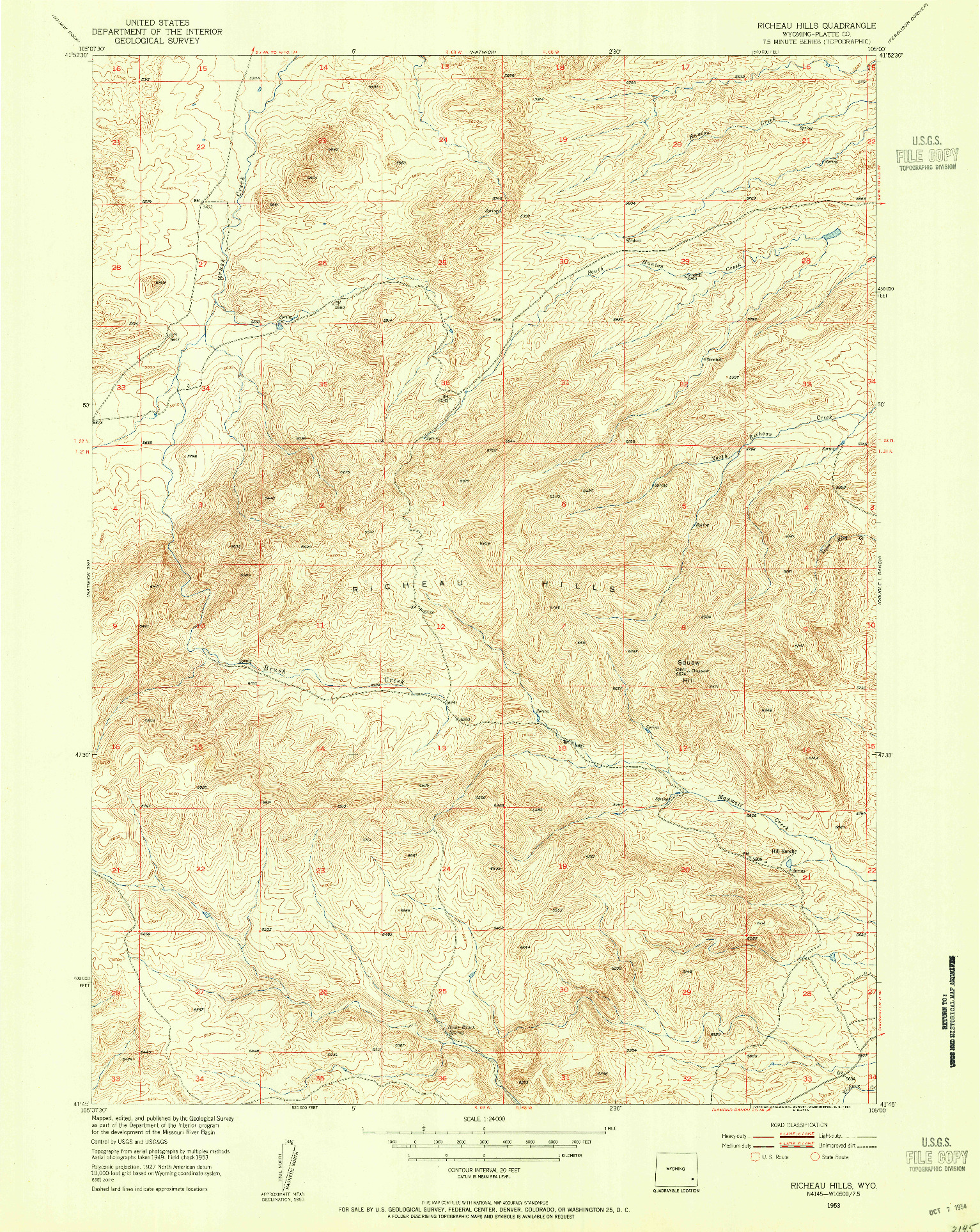 USGS 1:24000-SCALE QUADRANGLE FOR RICHEAU HILLS, WY 1953