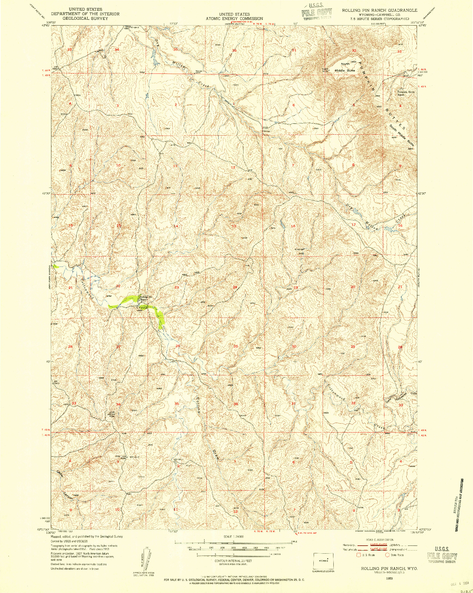 USGS 1:24000-SCALE QUADRANGLE FOR ROLLING PIN RANCH, WY 1953