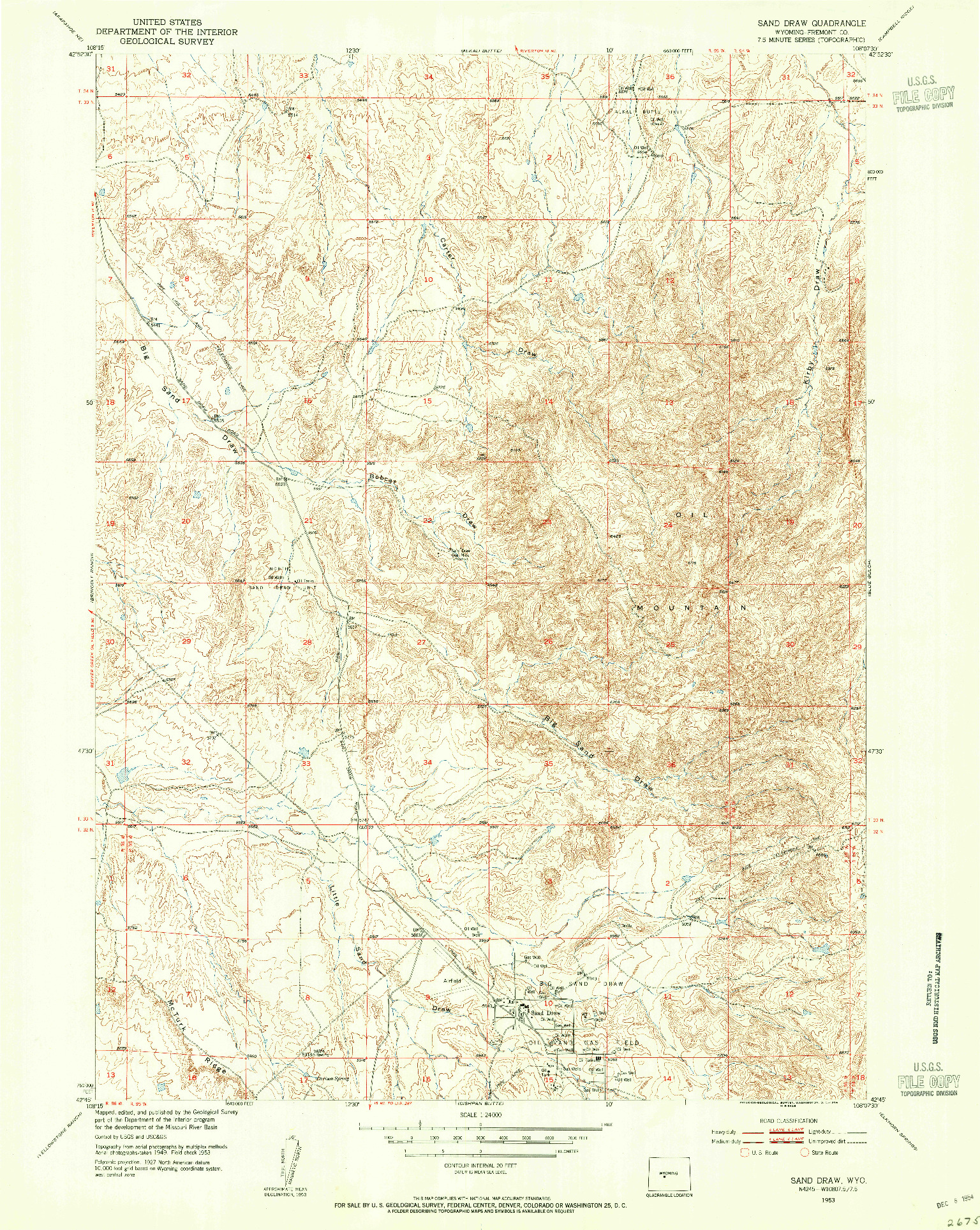 USGS 1:24000-SCALE QUADRANGLE FOR SAND DRAW, WY 1953