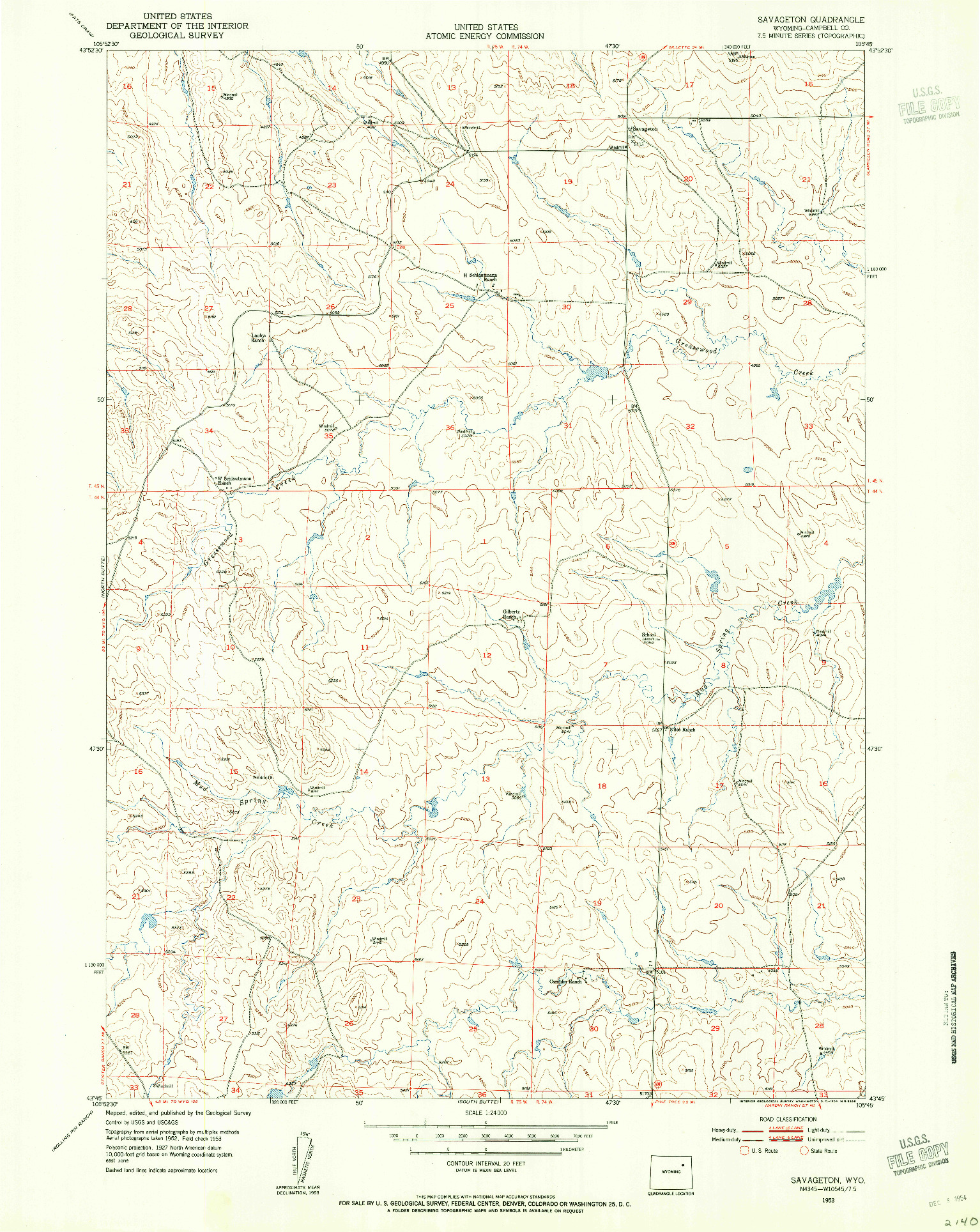 USGS 1:24000-SCALE QUADRANGLE FOR SAVAGETON, WY 1953