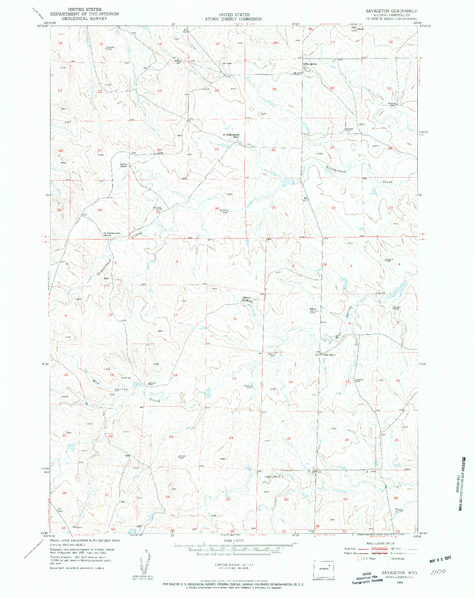 USGS 1:24000-SCALE QUADRANGLE FOR SAVAGETON, WY 1953