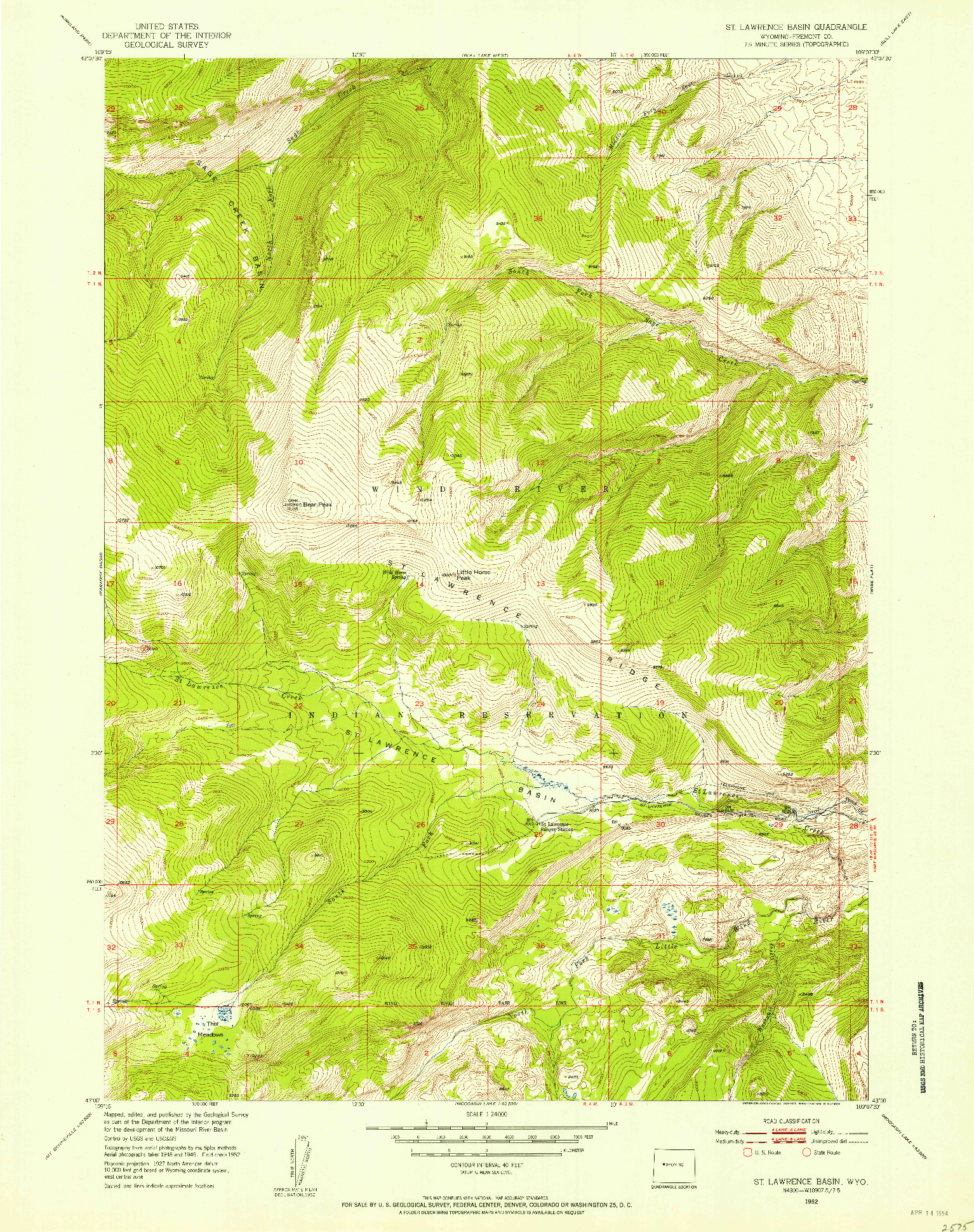 USGS 1:24000-SCALE QUADRANGLE FOR ST. LAWRENCE BASIN, WY 1952