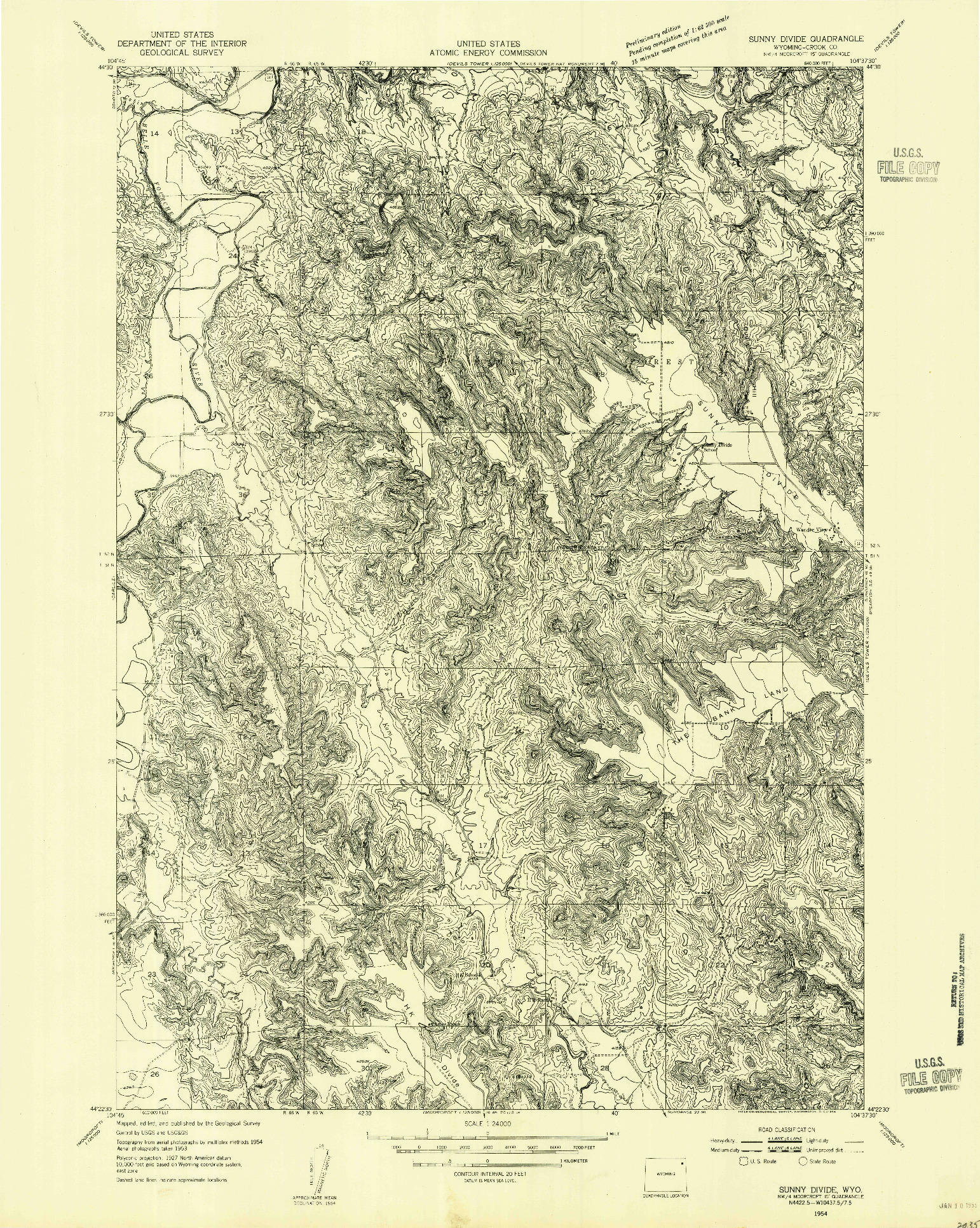 USGS 1:24000-SCALE QUADRANGLE FOR SUNNY DIVIDE, WY 1954