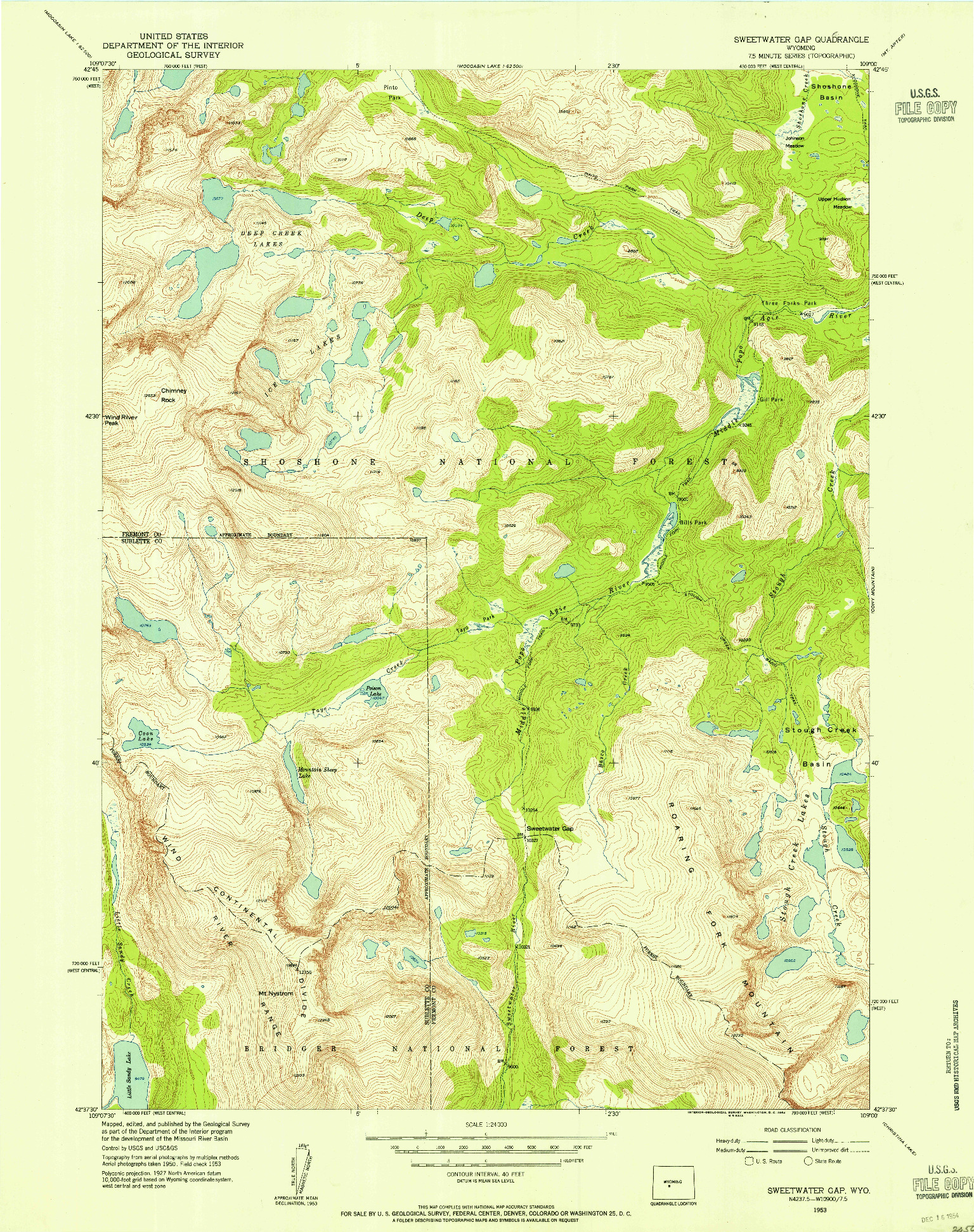 USGS 1:24000-SCALE QUADRANGLE FOR SWEETWATER GAP, WY 1953