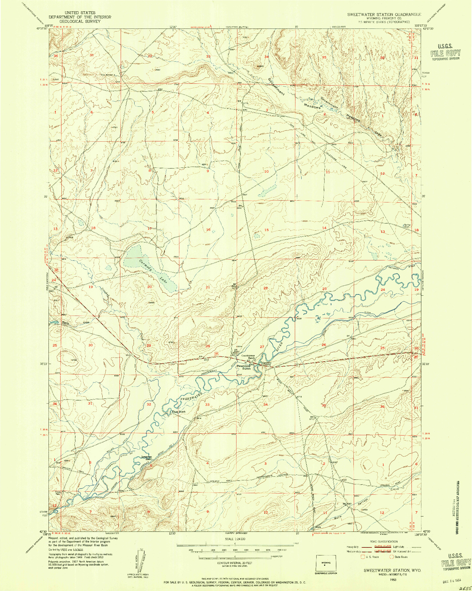 USGS 1:24000-SCALE QUADRANGLE FOR SWEETWATER STATION, WY 1953