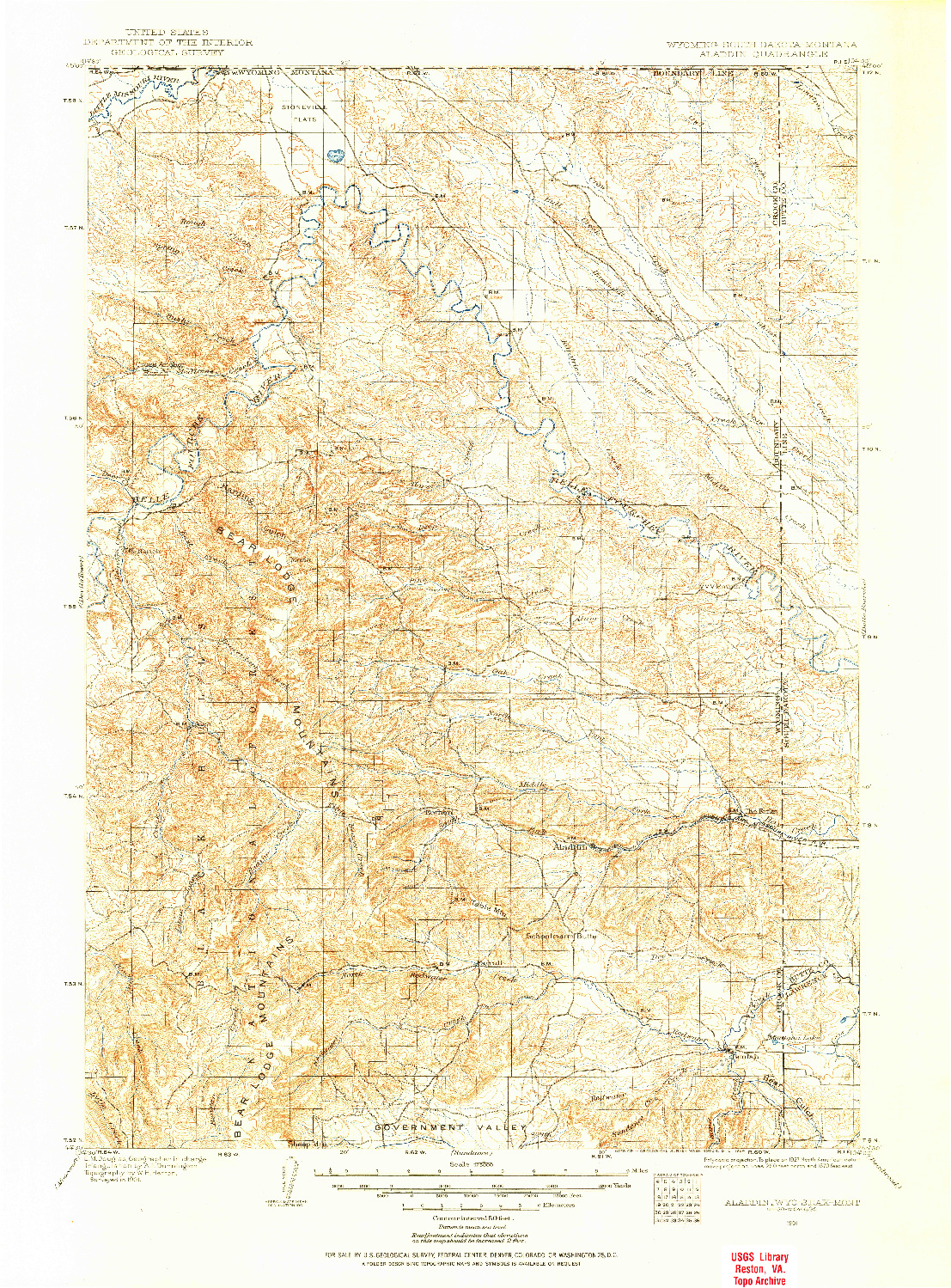 USGS 1:125000-SCALE QUADRANGLE FOR ALADDIN, WY 1901