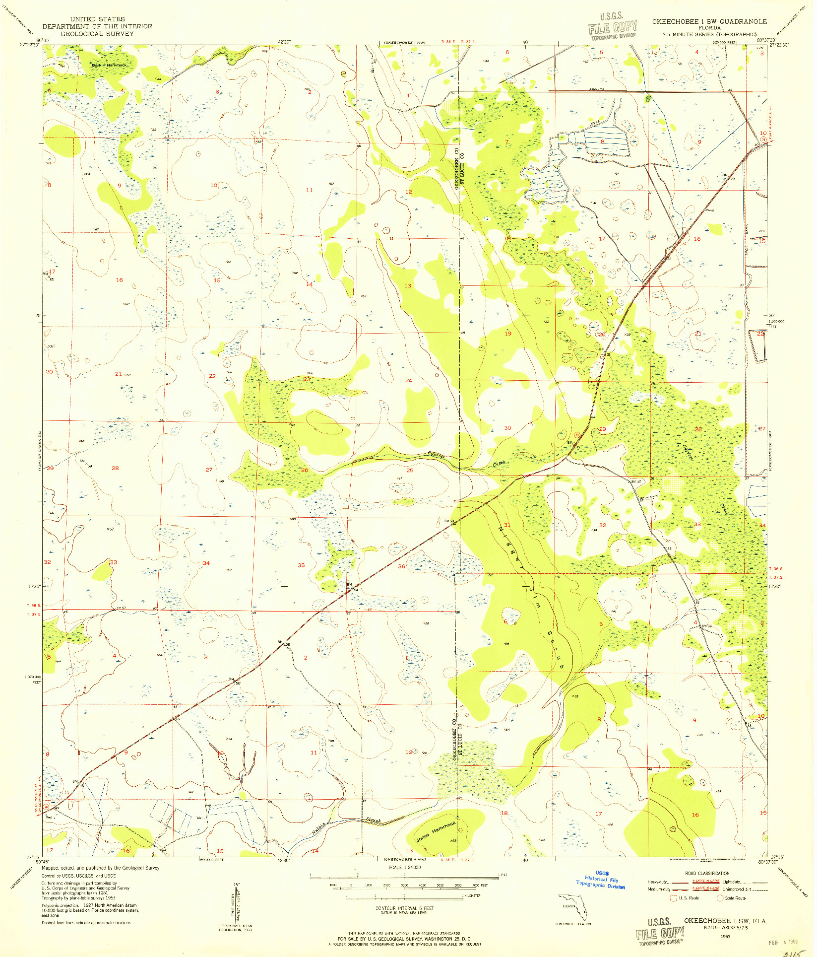USGS 1:24000-SCALE QUADRANGLE FOR OKEECHOBEE 1 SW, FL 1953