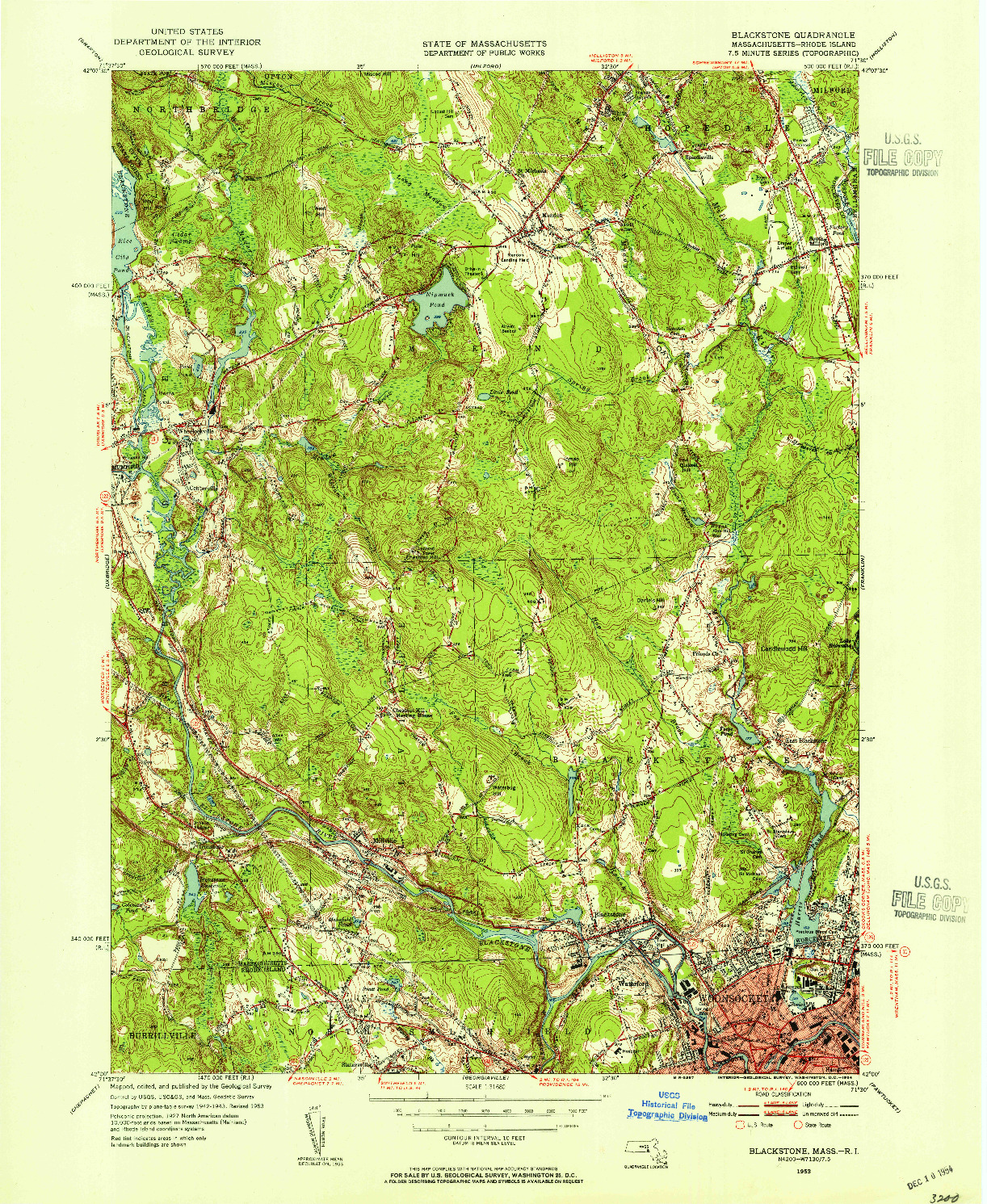 USGS 1:31680-SCALE QUADRANGLE FOR BLACKSTONE, MA 1953