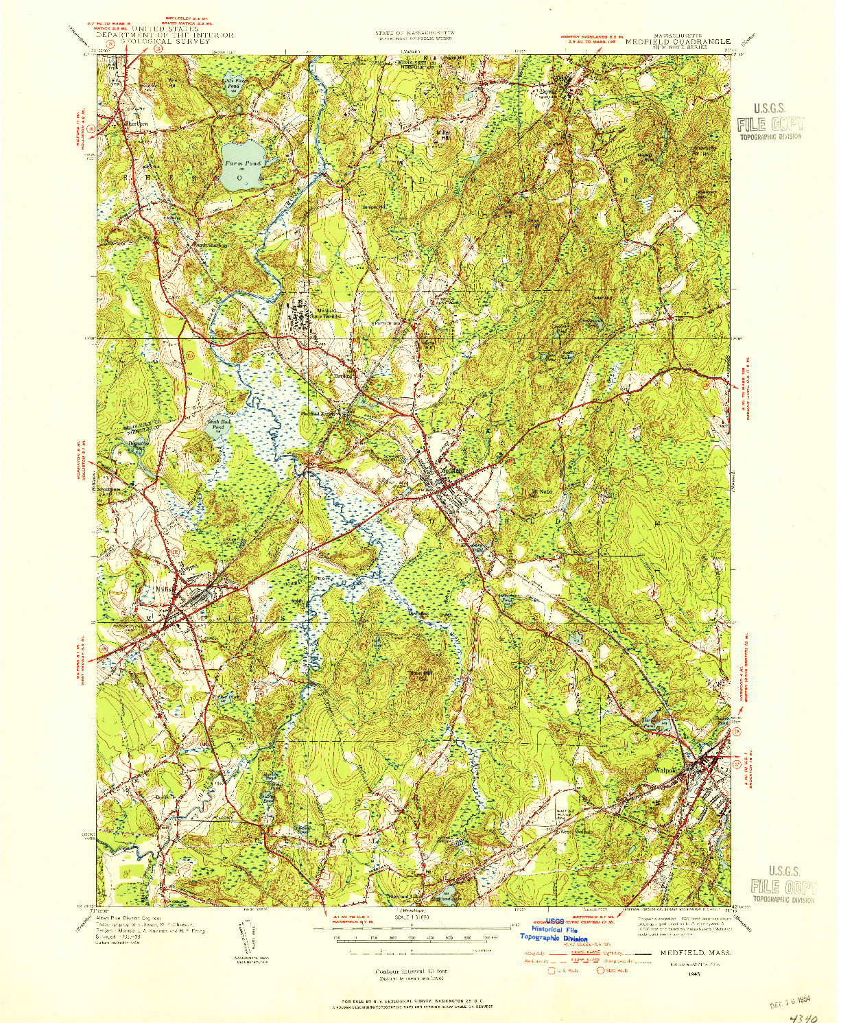 USGS 1:31680-SCALE QUADRANGLE FOR MEDFIELD, MA 1945