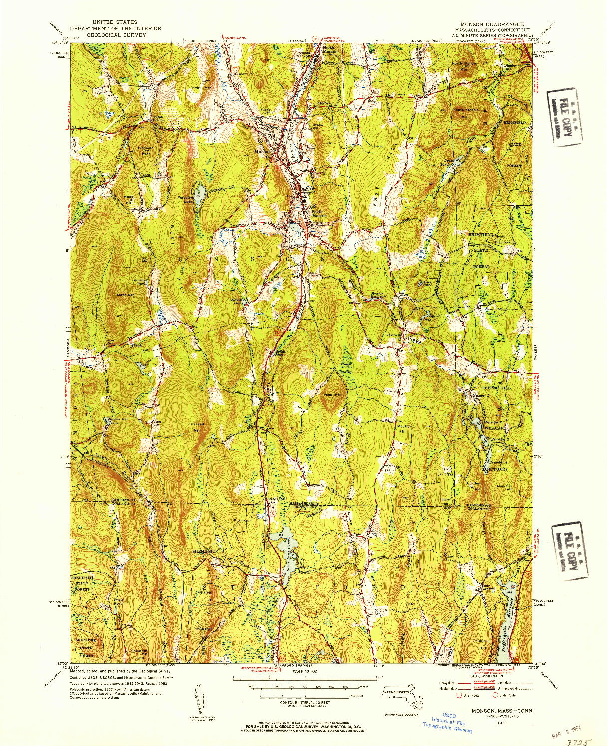 USGS 1:31680-SCALE QUADRANGLE FOR MONSON, MA 1953