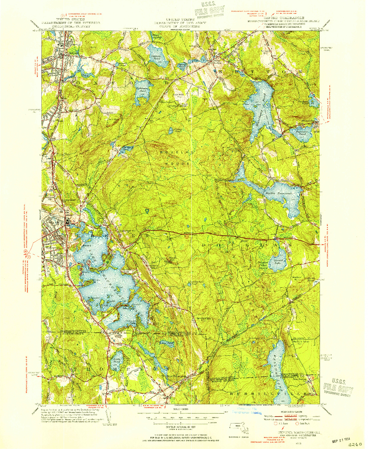 USGS 1:31680-SCALE QUADRANGLE FOR OXFORD, MA 1953