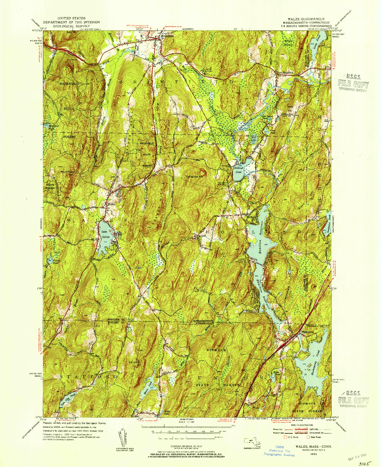 USGS 1:31680-SCALE QUADRANGLE FOR WALES, MA 1952