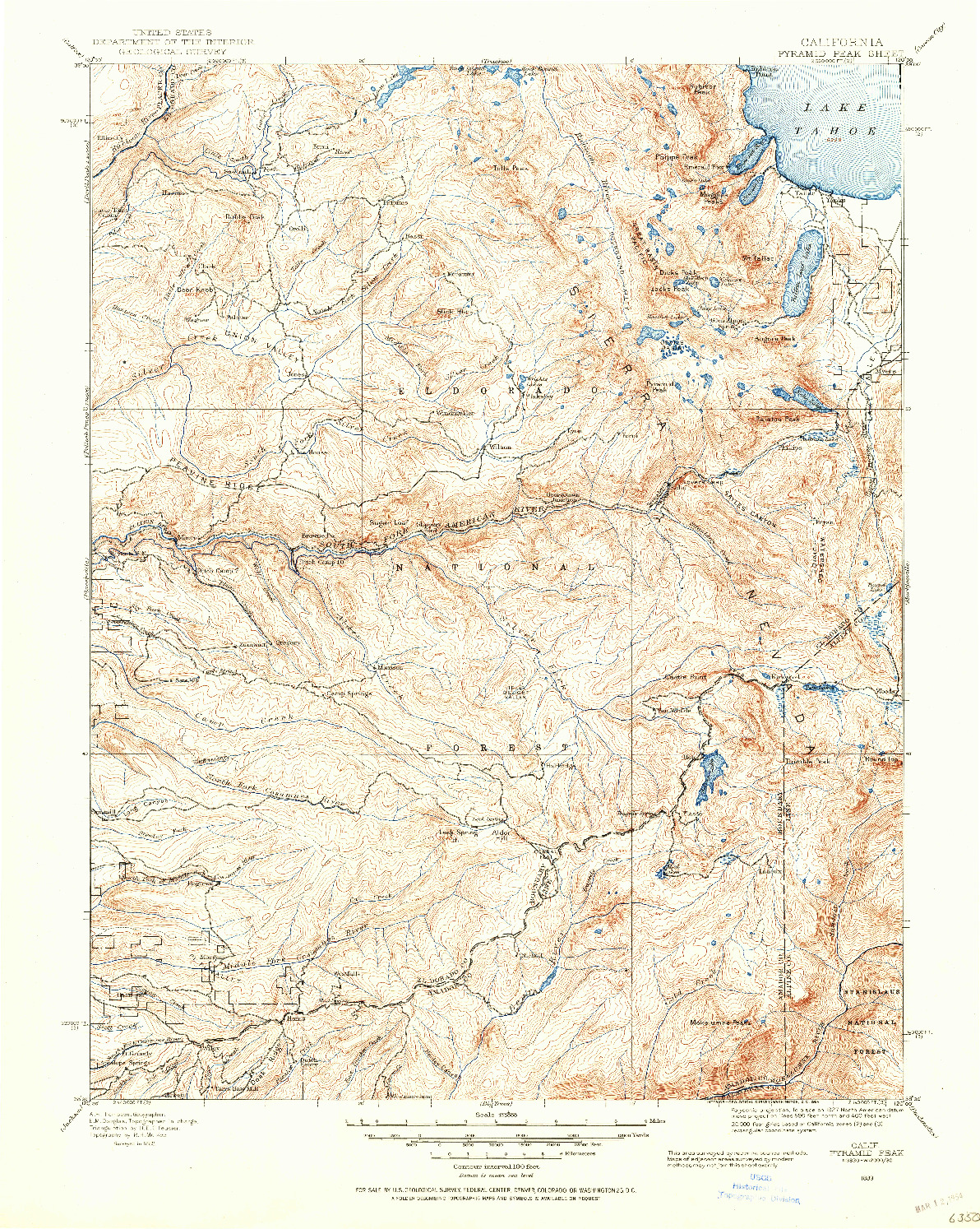 USGS 1:125000-SCALE QUADRANGLE FOR PYRAMID PEAK, CA 1889