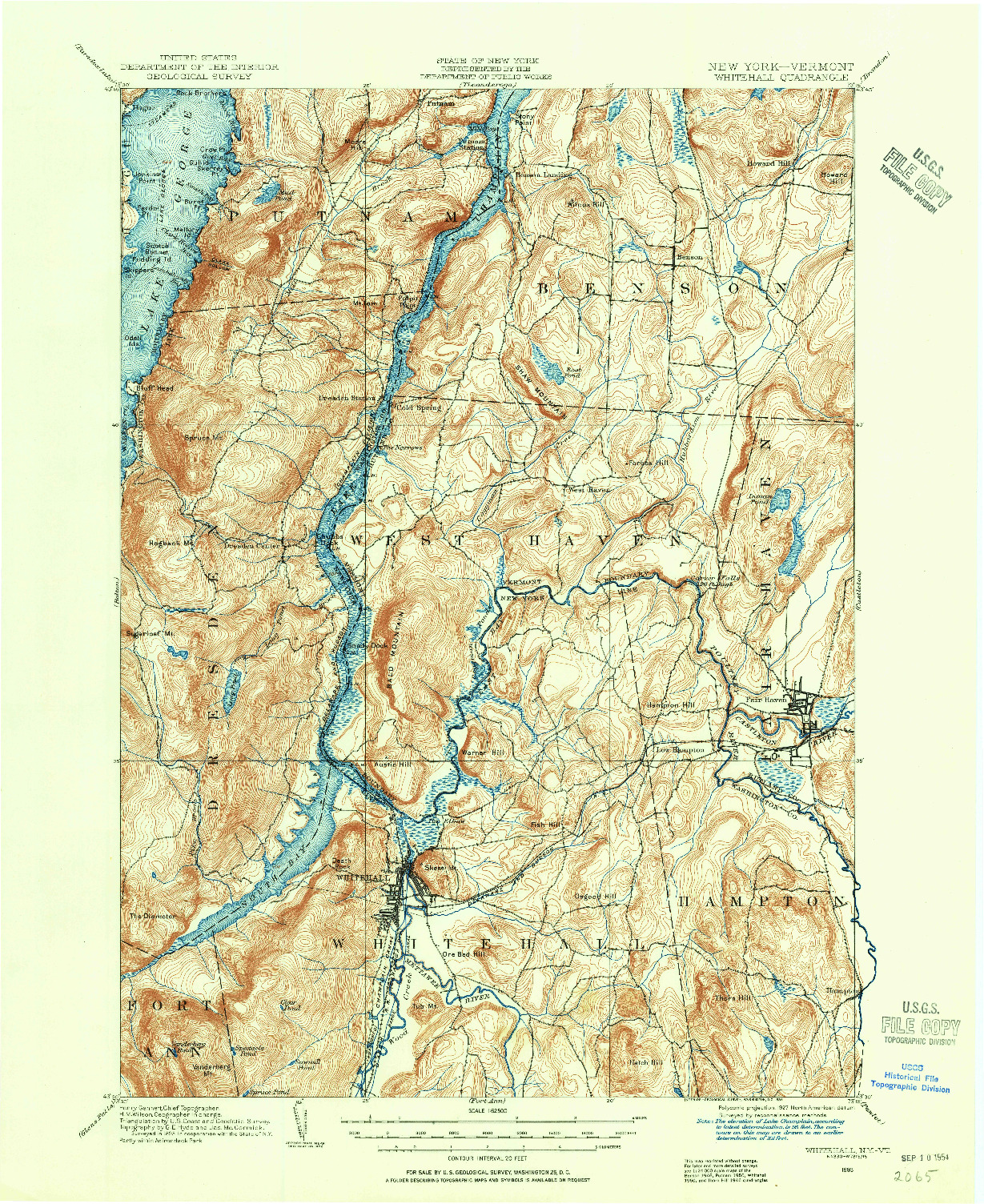 USGS 1:62500-SCALE QUADRANGLE FOR WHITEHALL, NY 1893