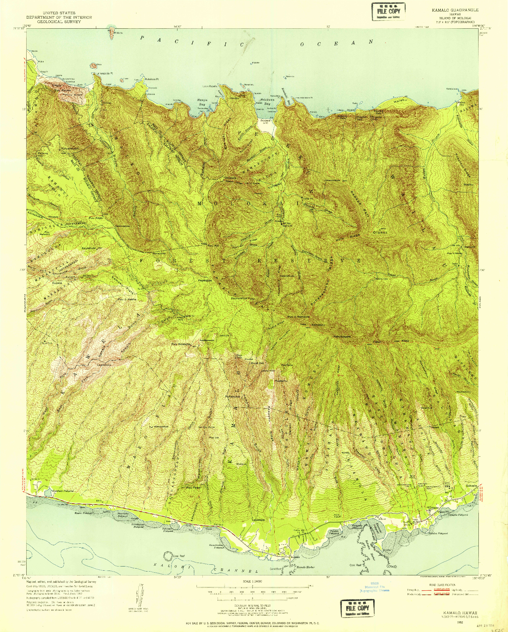 USGS 1:24000-SCALE QUADRANGLE FOR KAMALO, HI 1952