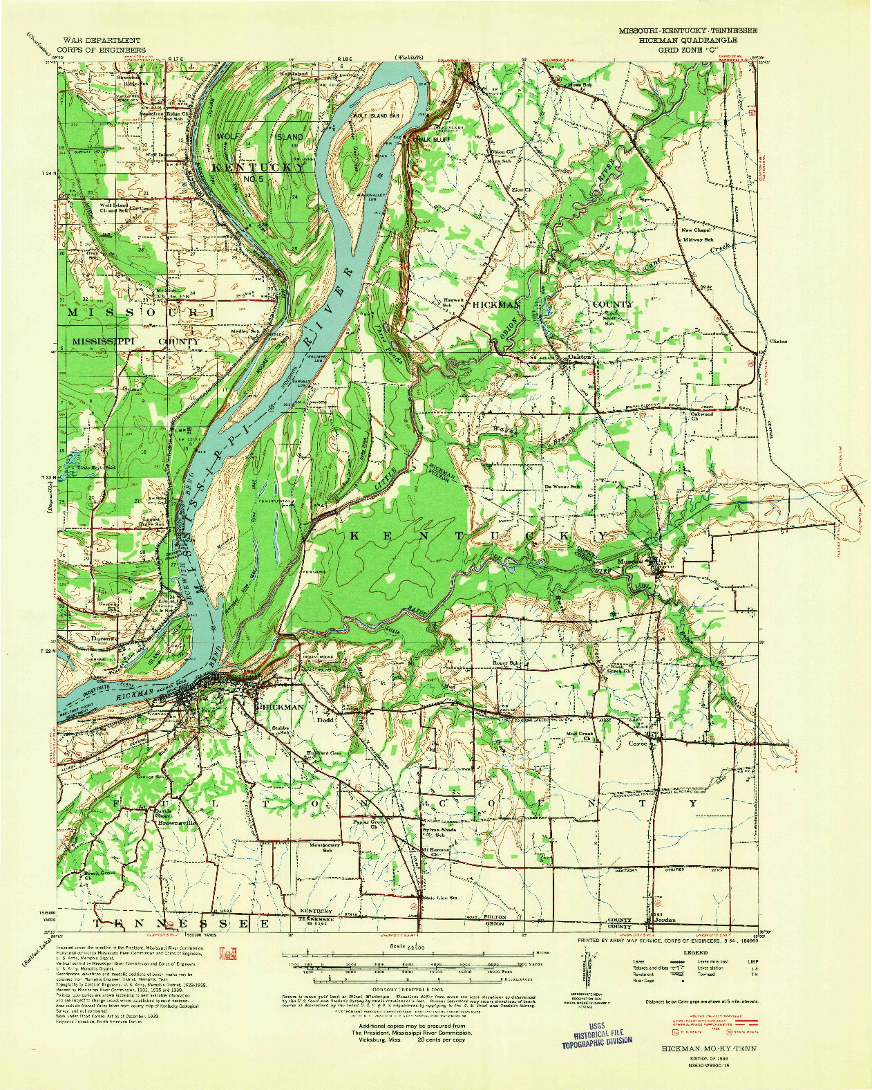 USGS 1:62500-SCALE QUADRANGLE FOR HICKMAN, MO 1939