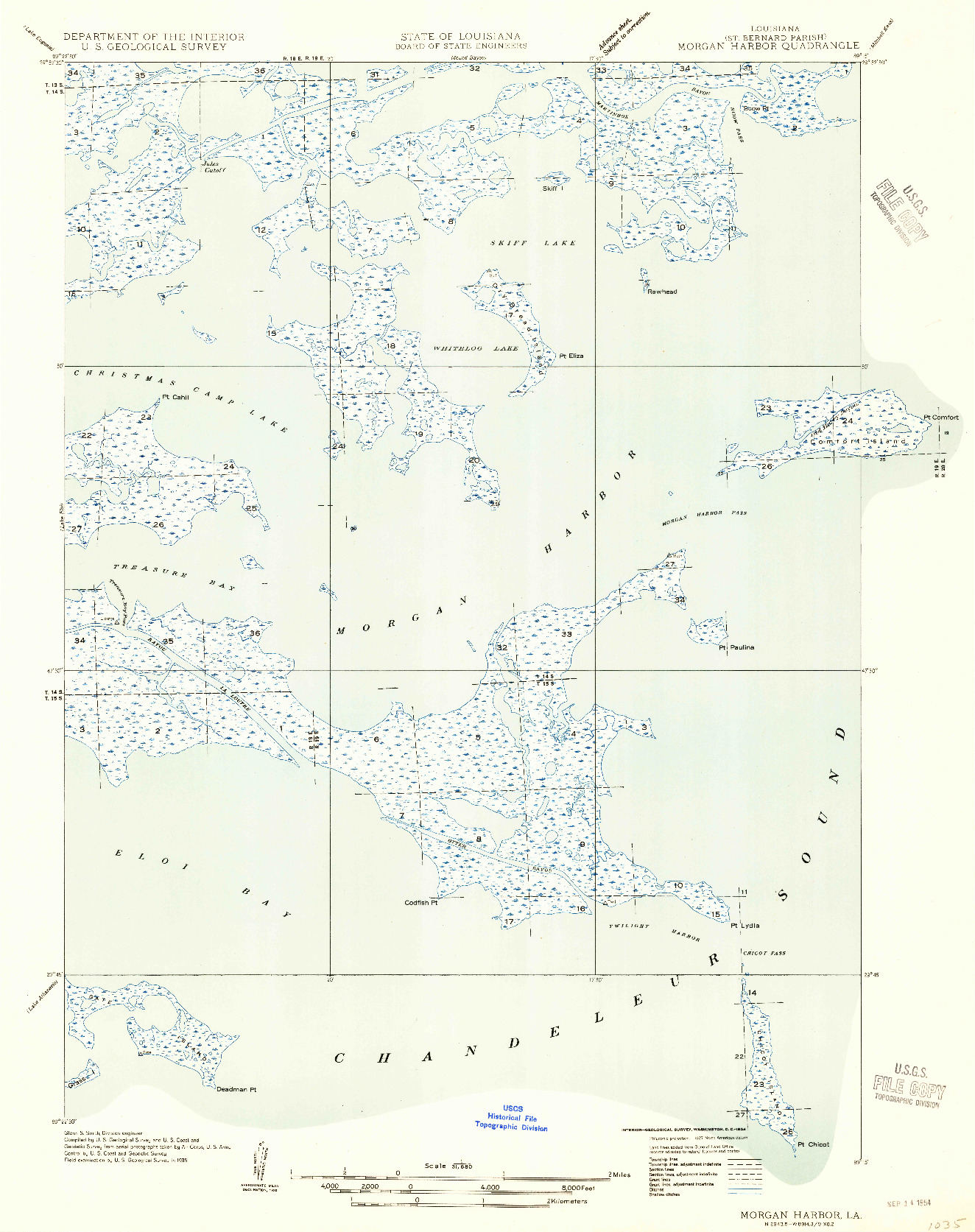 USGS 1:31680-SCALE QUADRANGLE FOR MORGAN HARBOR, LA 1954