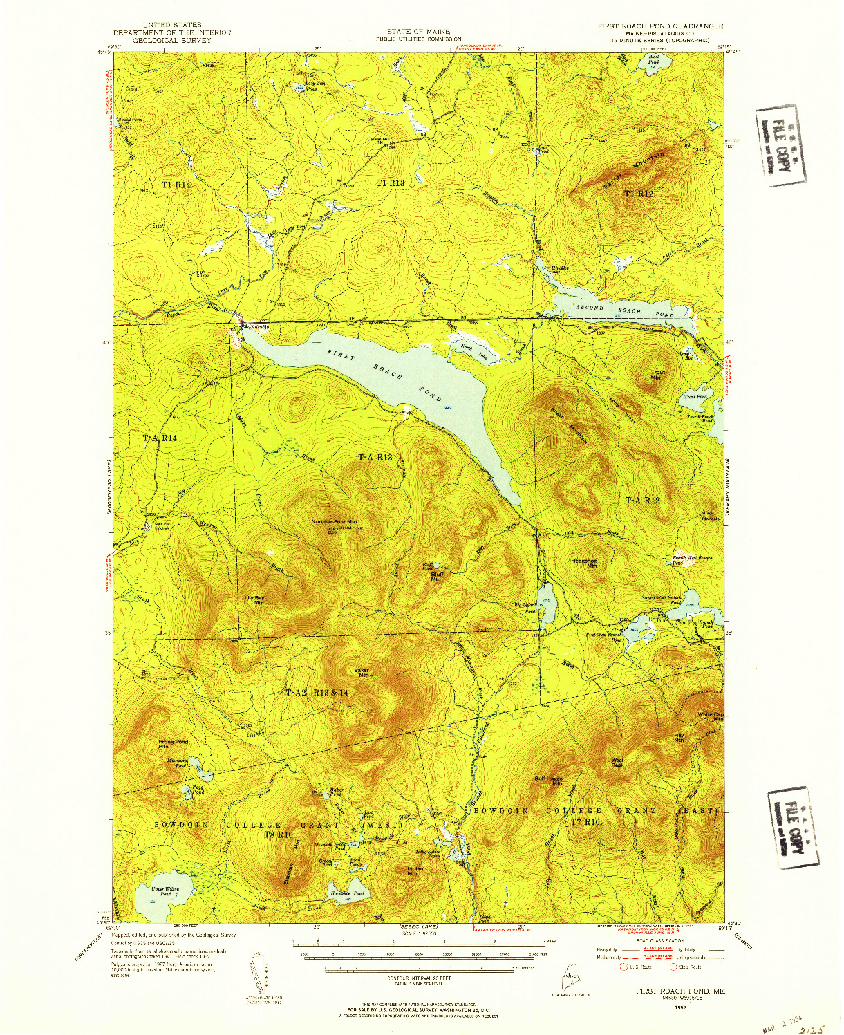 USGS 1:62500-SCALE QUADRANGLE FOR FIRST ROACH POND, ME 1952