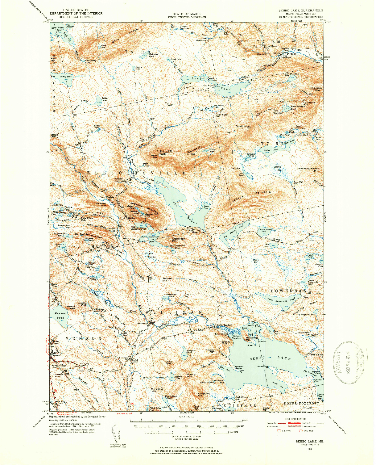 USGS 1:62500-SCALE QUADRANGLE FOR SEBEC LAKE, ME 1950