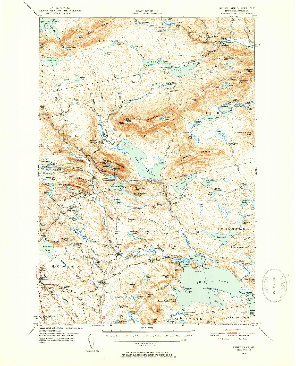 USGS 1:62500-SCALE QUADRANGLE FOR SEBEC LAKE, ME 1950