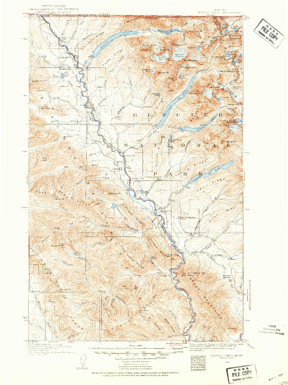 USGS 1:125000-SCALE QUADRANGLE FOR KINTLA LAKES, MT 1938