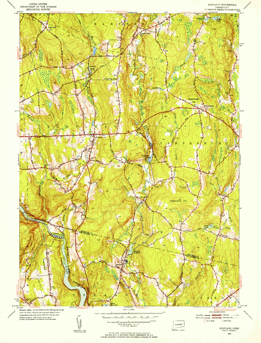 USGS 1:31680-SCALE QUADRANGLE FOR SCOTLAND, CT 1953